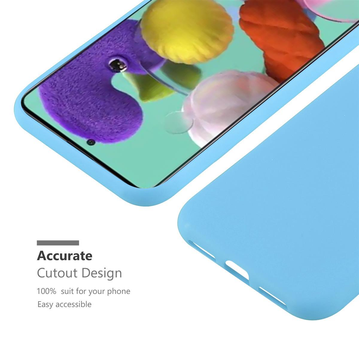 Custodia blu per telefono, sfondo bianco, testo: design di ritaglio accurato.