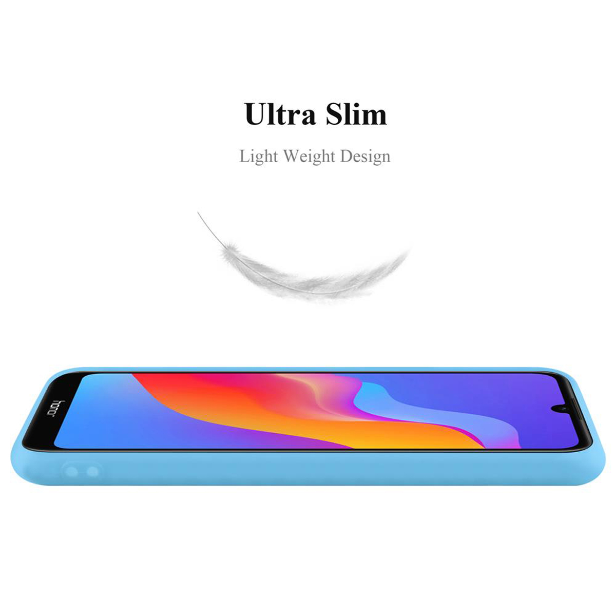 Custodia per telefono azzurra. Lo schermo del telefono mostra un'immagine colorata. Design leggero.