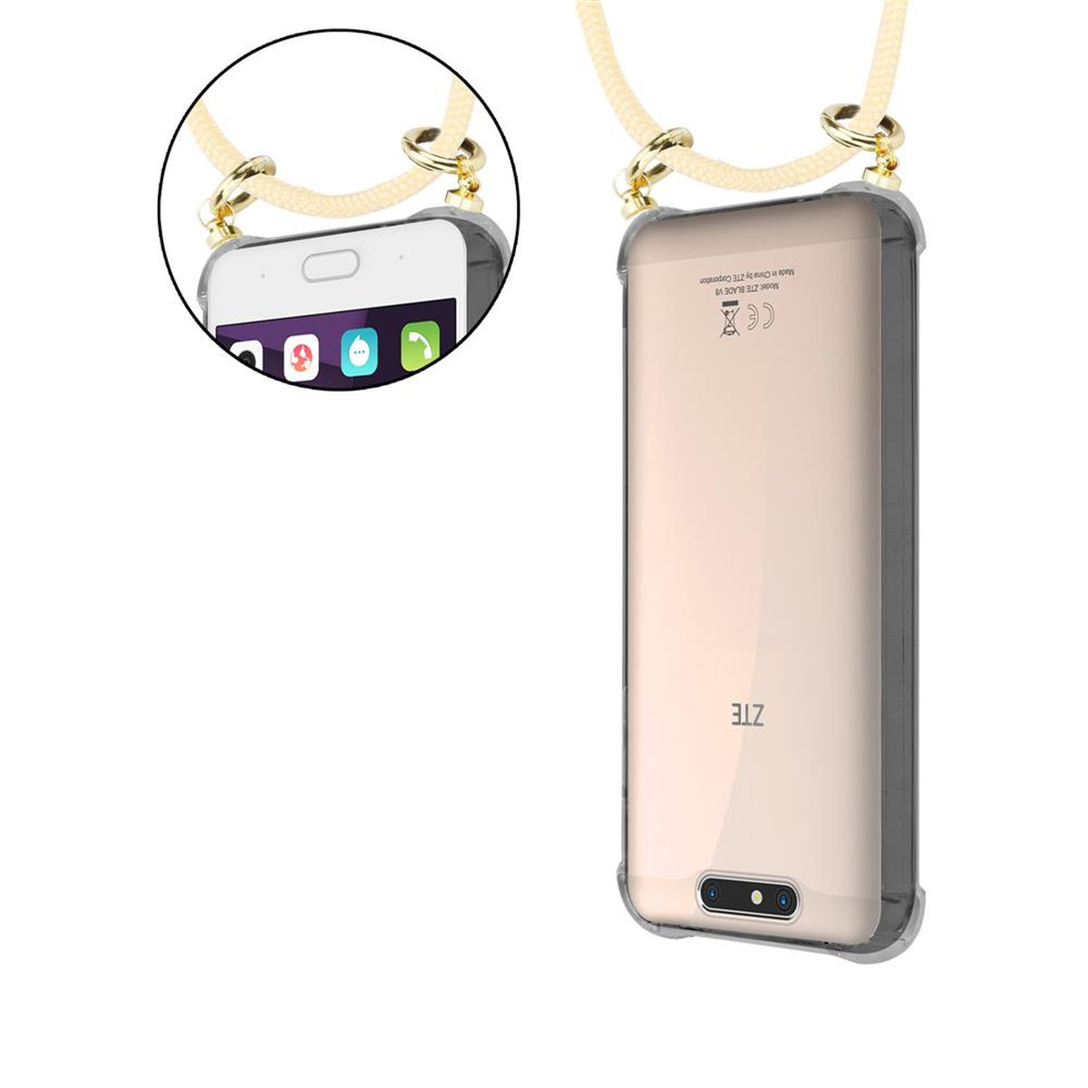 Transparente Handyhülle mit Telefon, goldfarbene Riemen. Der Hintergrund ist weiß.