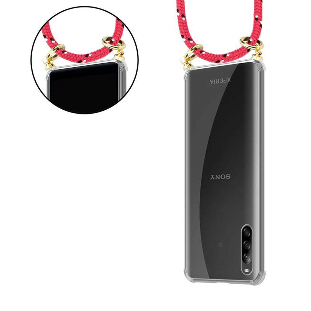 Un telefono Sony Xperia in una custodia trasparente con un cordino rosso. Il telefono ha una tripla fotocamera sul retro.