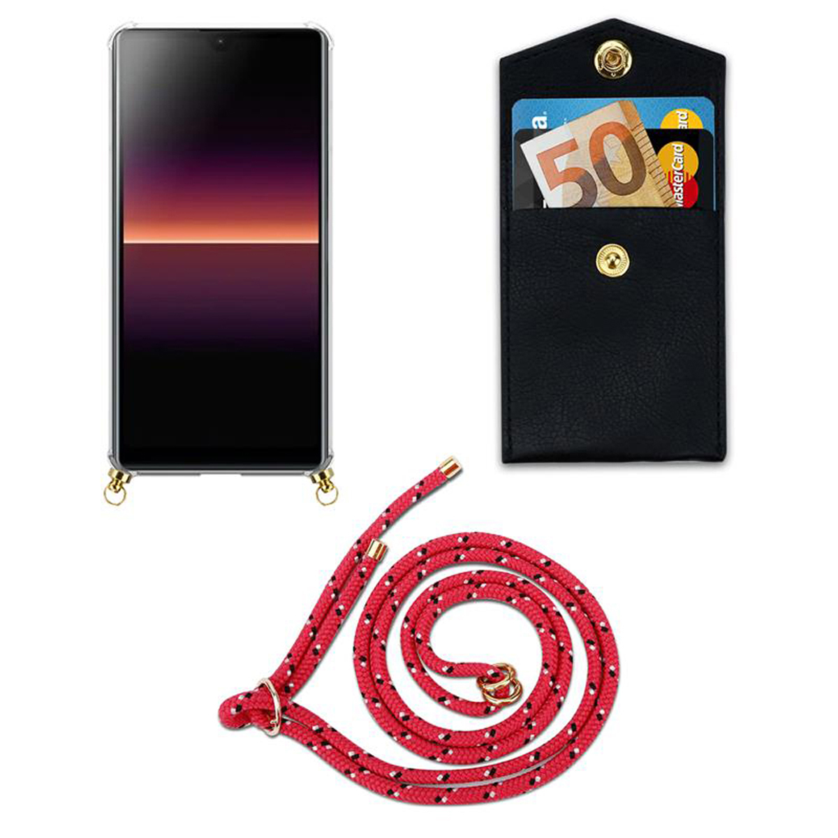 Telefono e portafoglio con cordino. Cordino rosso e nero. Soldi nel portafoglio.