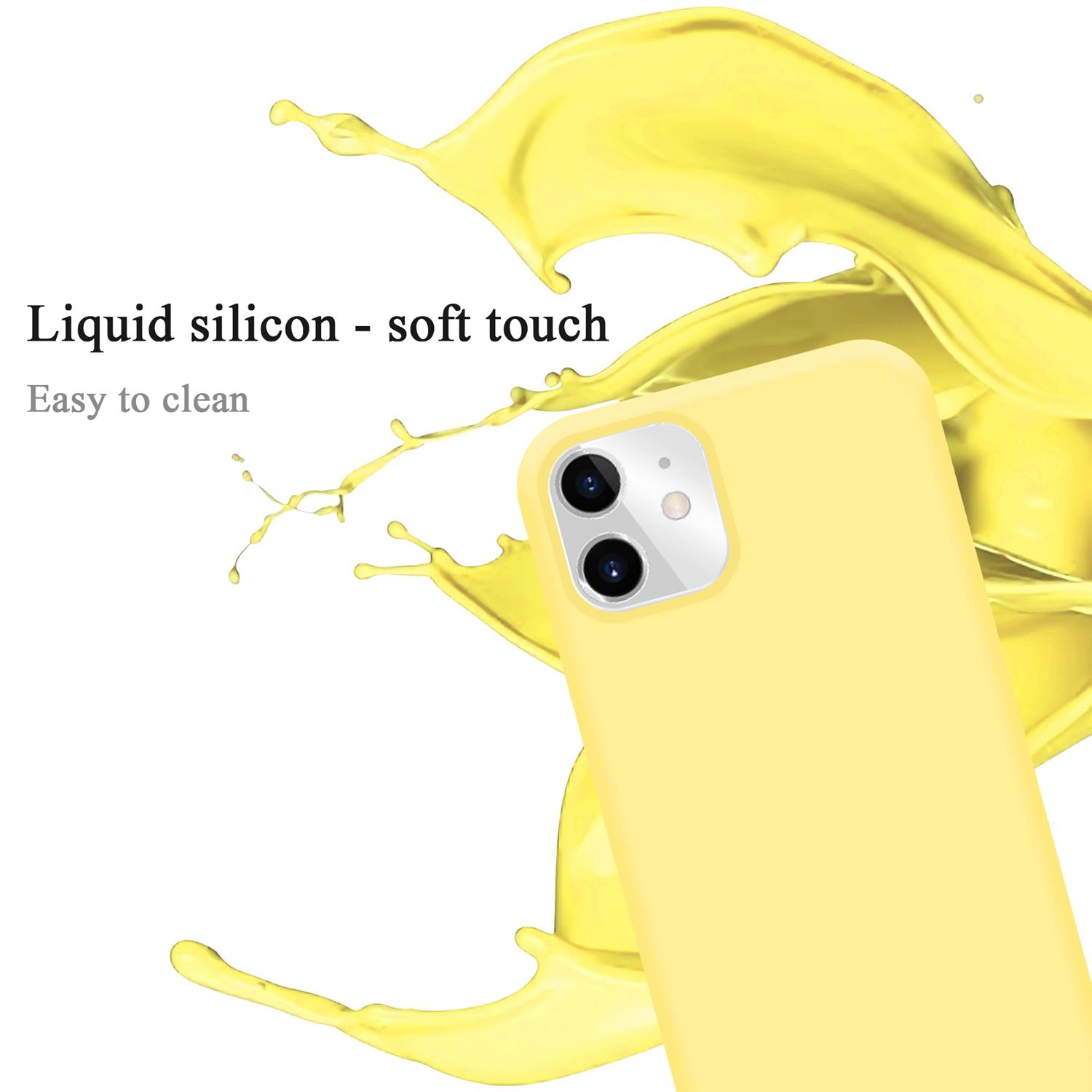 Gelbe Handyhülle mit Flüssigkeitsspritzer. Text: Flüssigsilikon - Soft-Touch. Leicht zu reinigen.