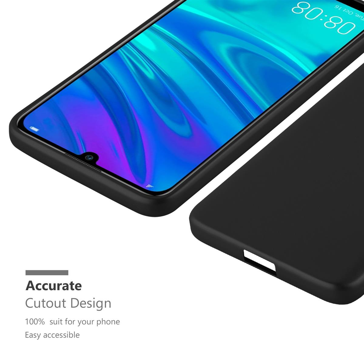 Eine schwarze Handyhülle mit Telefon. Die Hülle bedeckt den Telefonrand. Der Bildschirm ist sichtbar.
