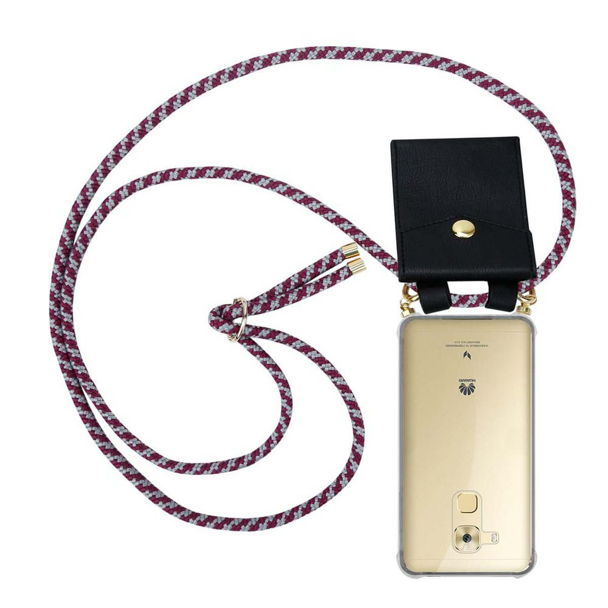 CADORABO Handy Kette mit Gold abnehmbarer Backcover, Band NOVA Kordel PLUS, Ringen, und WEIß ROT Hülle, Huawei