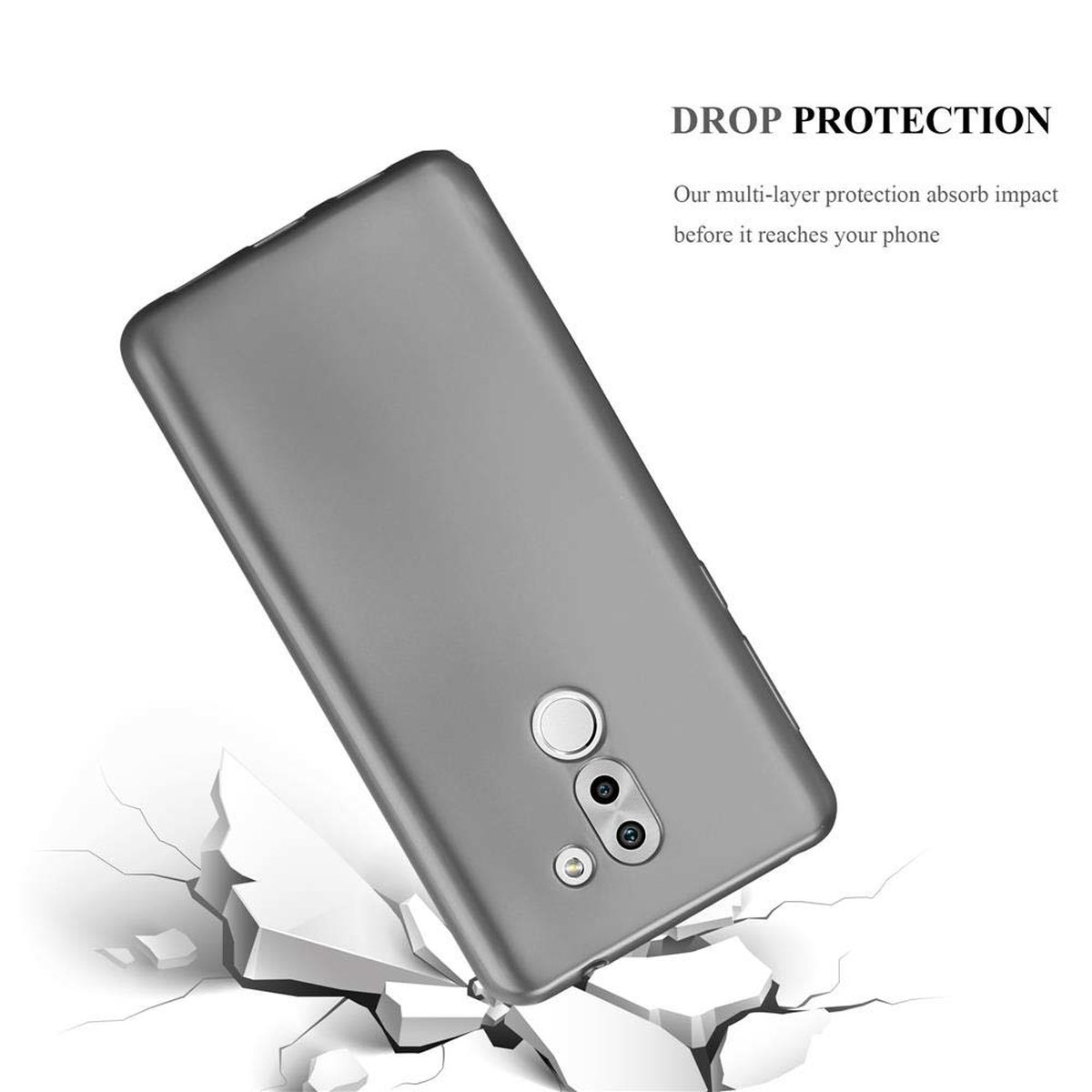 Una custodia per telefono grigia su una superficie rotta. Il testo recita "Drop Protection". La custodia è incrinata.