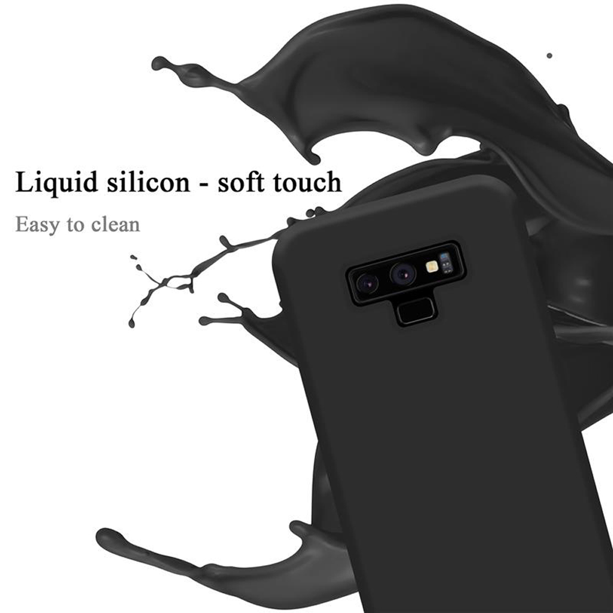 Eine schwarze Handyhülle mit schwarzem Flüssigkeitsspritzer. Die Worte Flüssigsilikon - Soft-Touch und leicht zu reinigen.