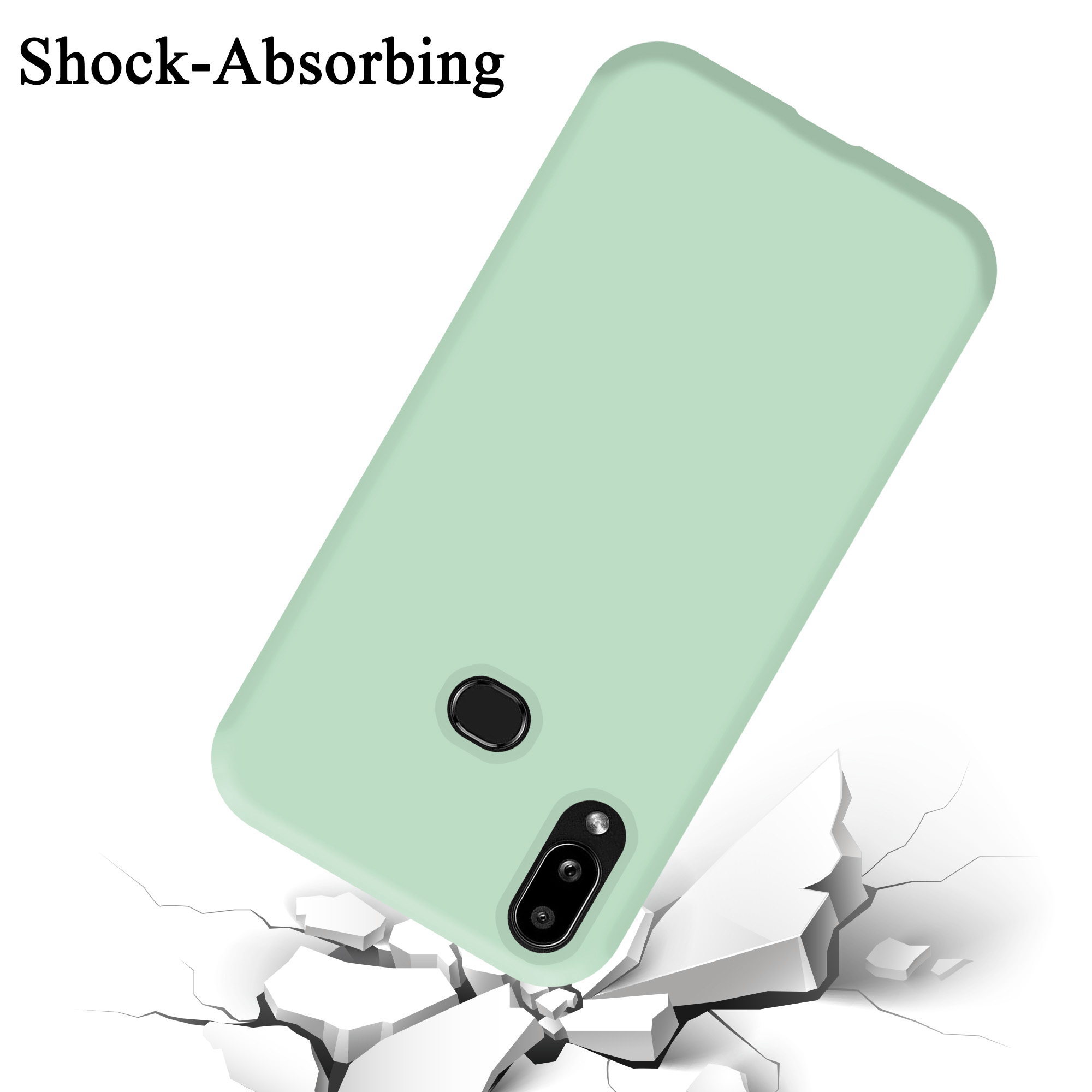 Eine grüne Handyhülle, die auf eine zerbrochene Oberfläche fällt. Das Telefon befindet sich in der Mitte.
