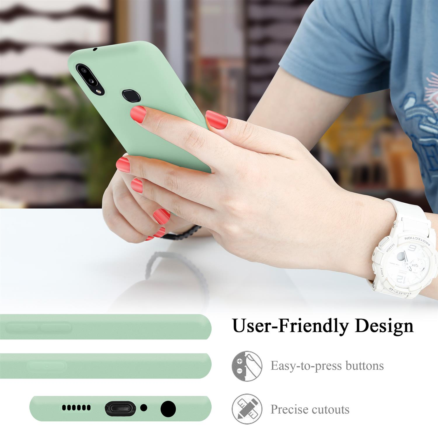 Eine Person hält ein grünes Telefon. Text: Benutzerfreundliches Design mit Tasten- und Ausschnittsymbolen.