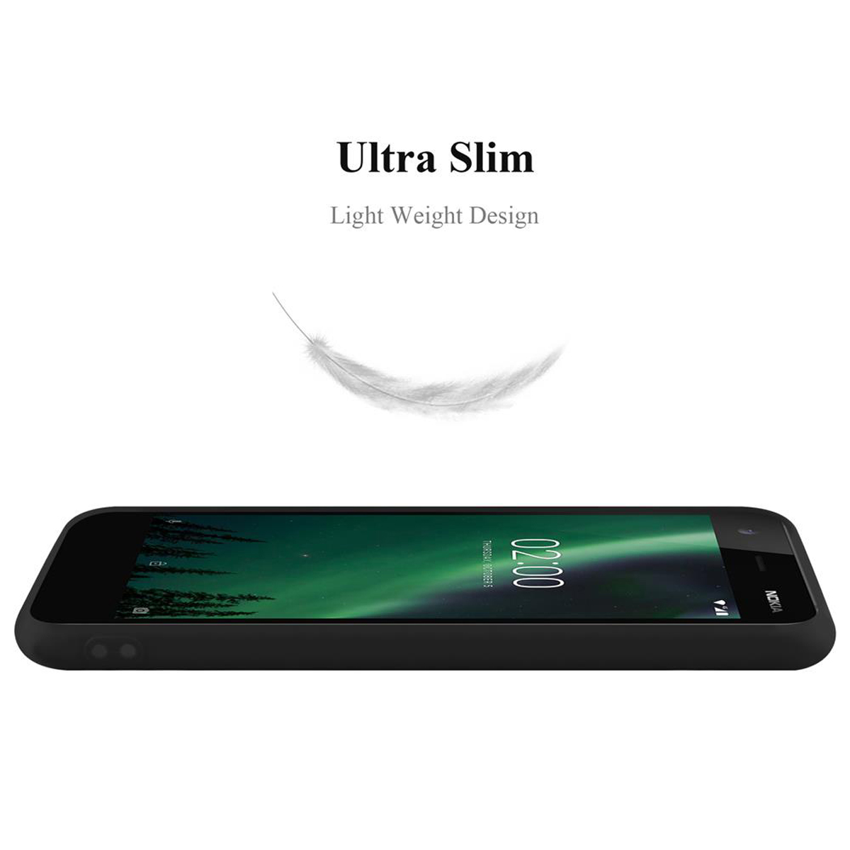 Custodia nera per telefono con un telefono nero. Le parole 'Ultra Slim' e 'Light Weight Design' sono scritte.