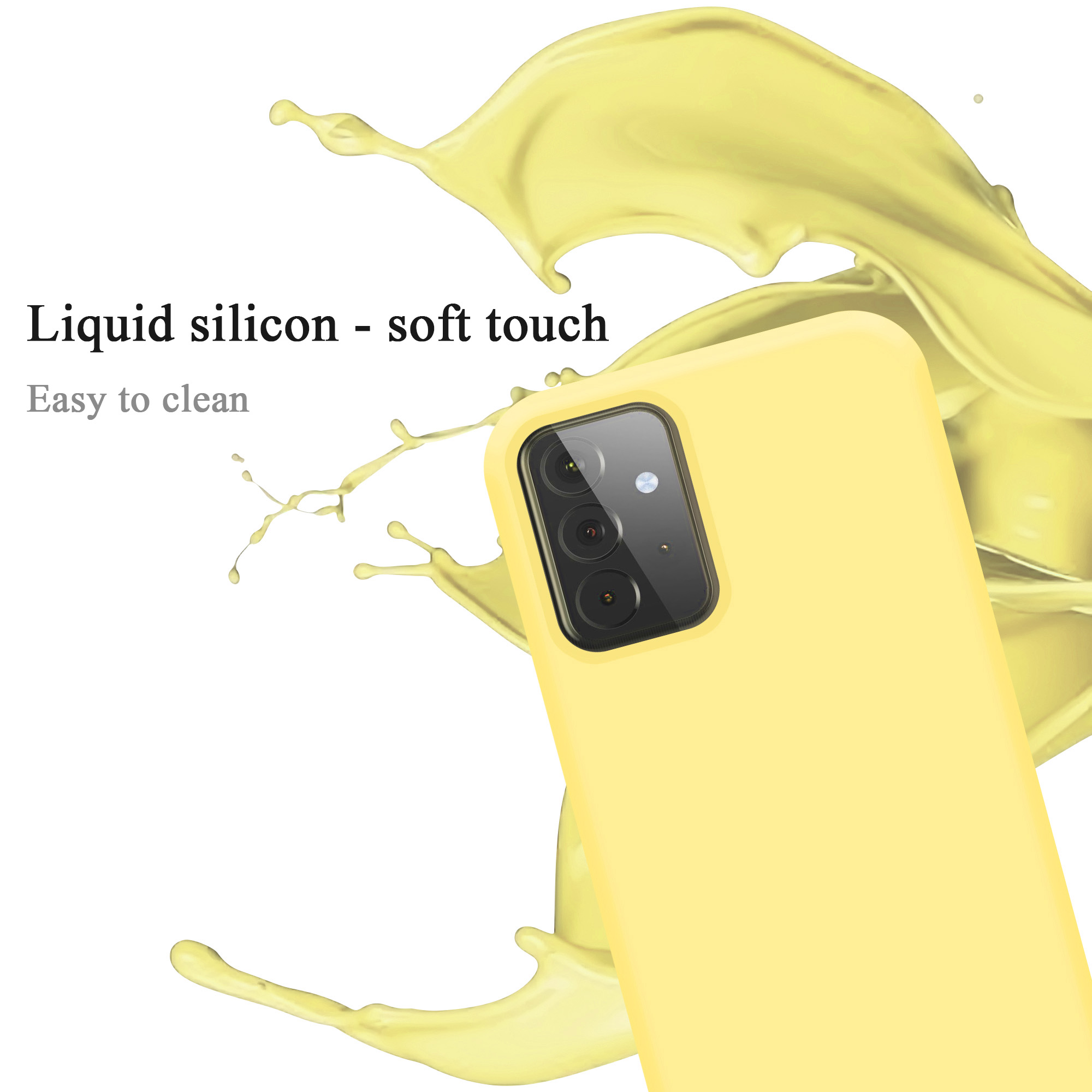 Custodia gialla per telefono con schizzo giallo e testo.