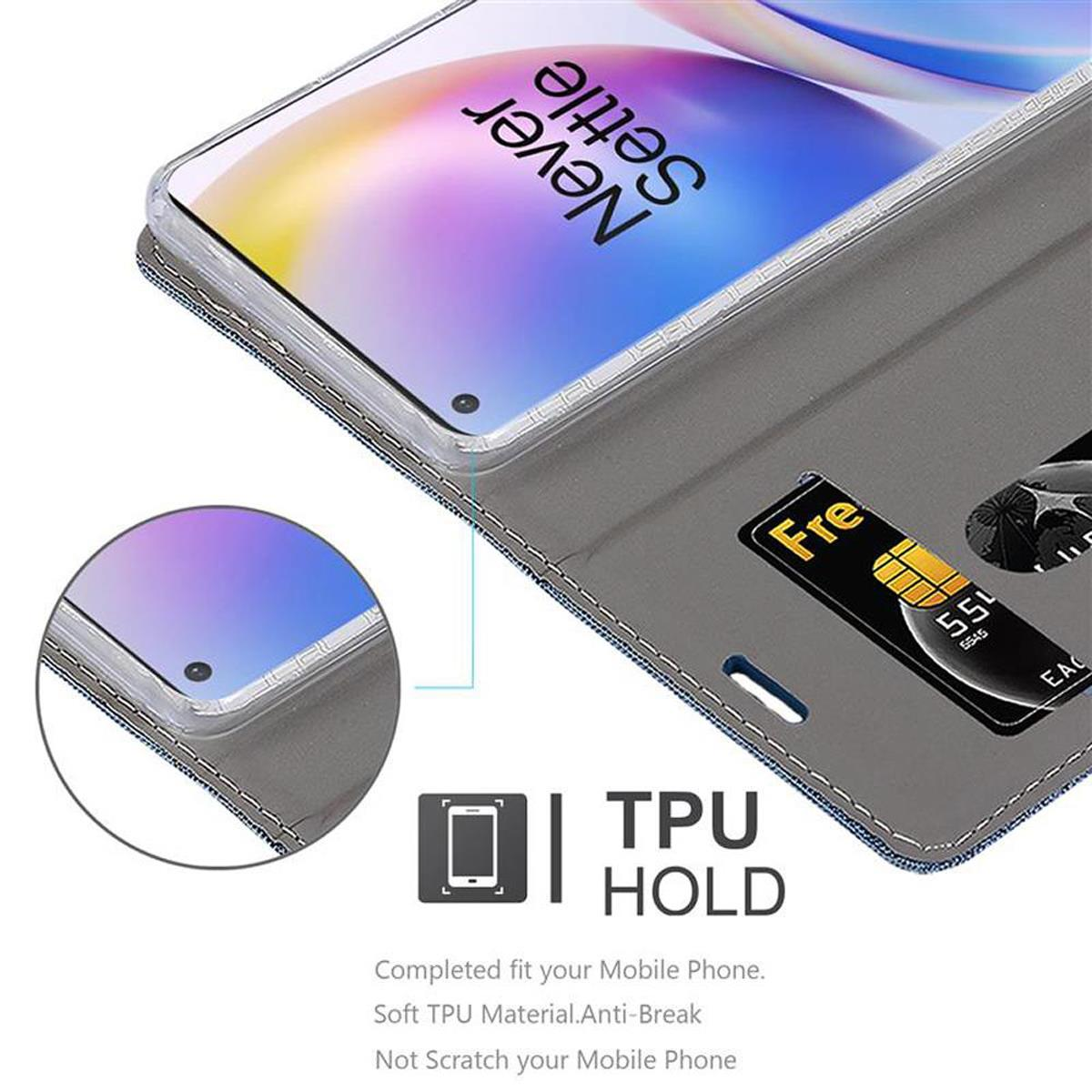 Custodia per telefono con scomparti per carte. Schermo a sinistra, porta carte a destra. Grigio e blu.