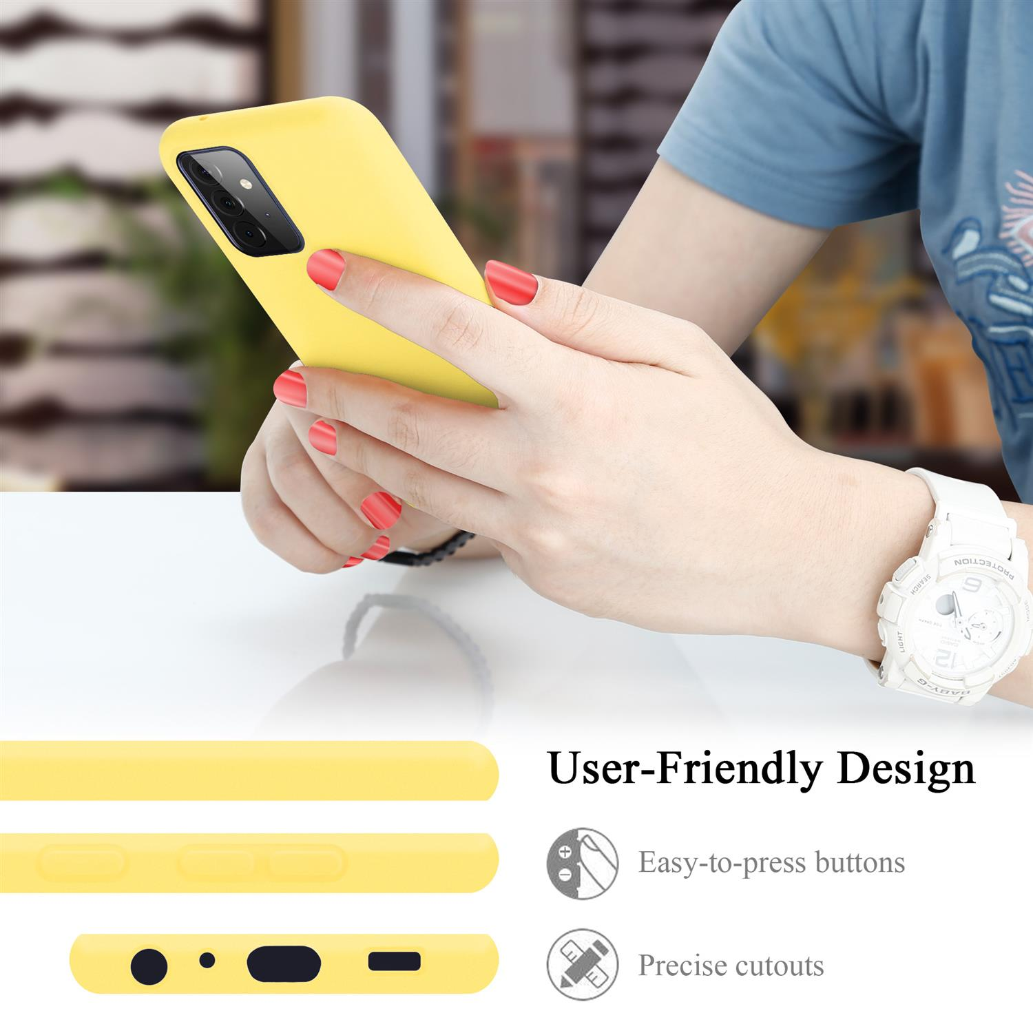 Una persona che tiene in mano un telefono con una custodia gialla. Il telefono è su un tavolo. Le parole user-friendly sono visibili.
