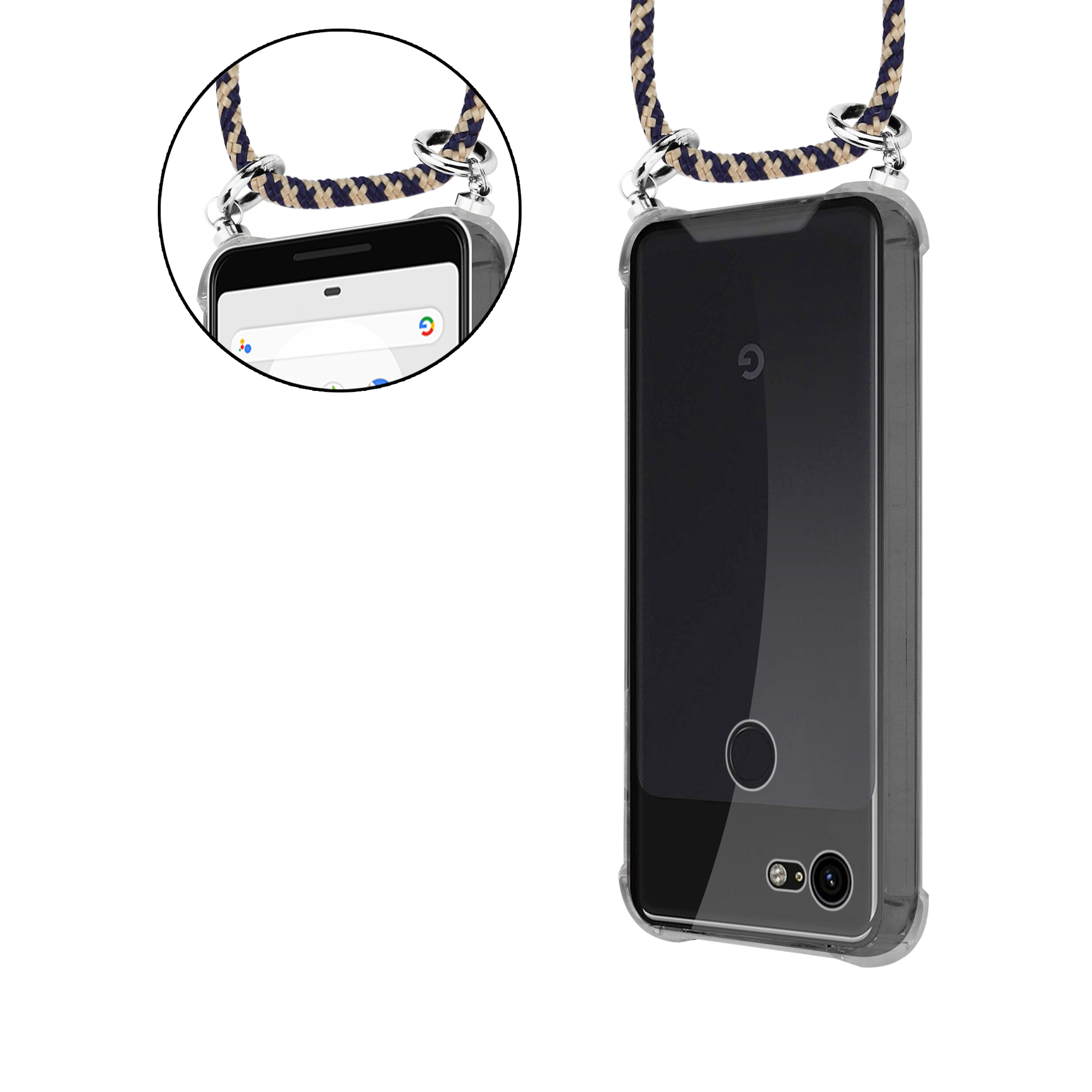 CADORABO Handy Kette mit GELB Hülle, 3 Google, PIXEL DUNKELBLAU abnehmbarer Backcover, Ringen, und Band XL, Silber Kordel