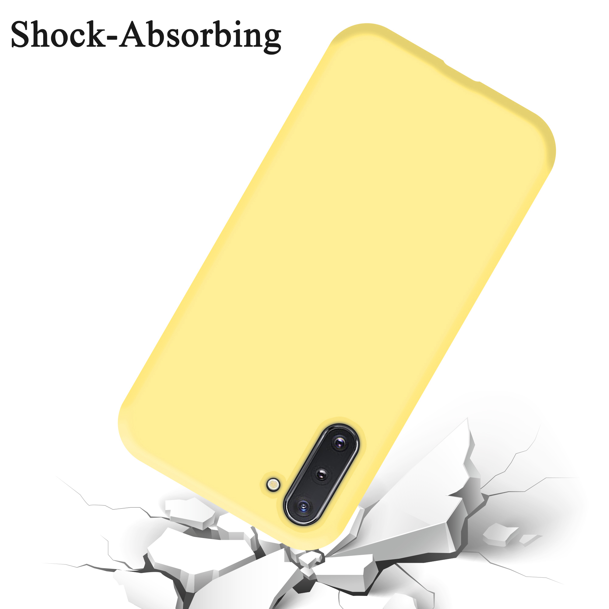 Gelbe Handyhülle fällt. Weißer, zerbrochener Boden im Vordergrund. Text lautet: „Shock-Absorbing“.