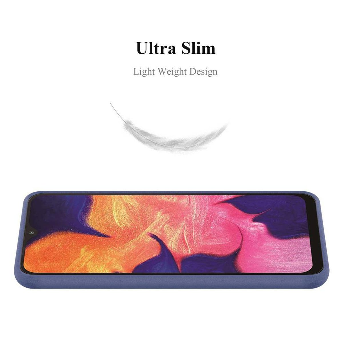 Custodia blu per telefono con testo 'Ultra Slim' e grafica di una piuma su sfondo bianco.