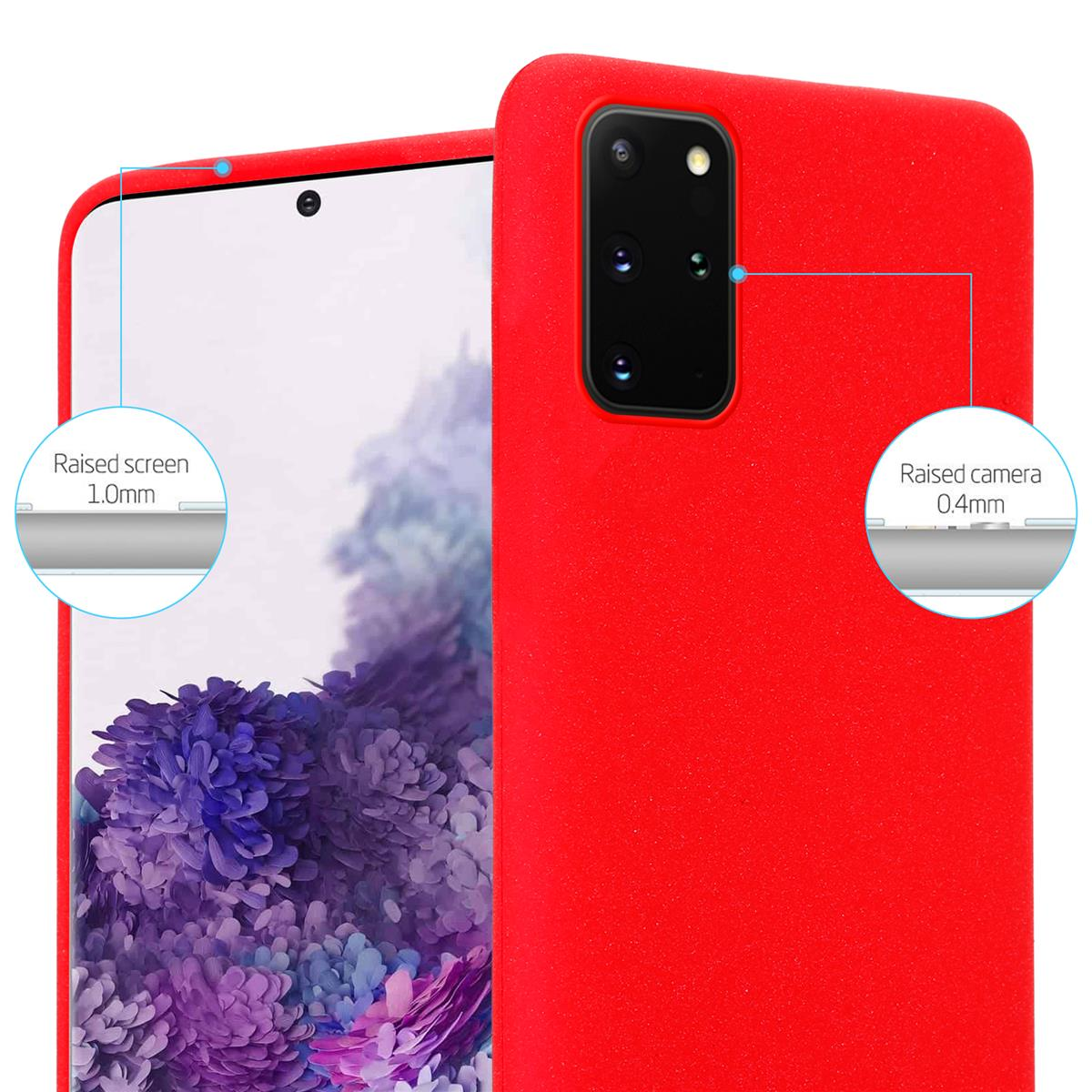 Eine rote Handyhülle auf einem Telefon. Die Hülle zeigt Details zum Bildschirm- und Kameraschutz.