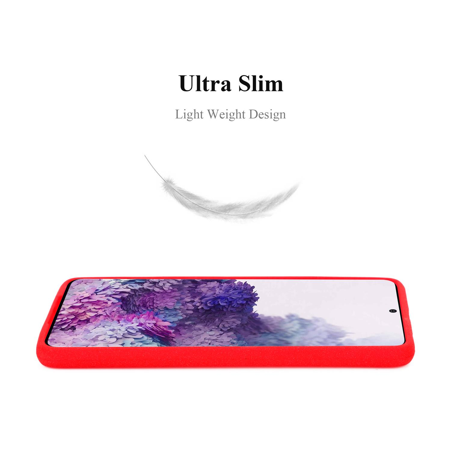 Eine rote Handyhülle mit einem Telefon darin. Text sagt Ultra Slim, Light Weight Design.