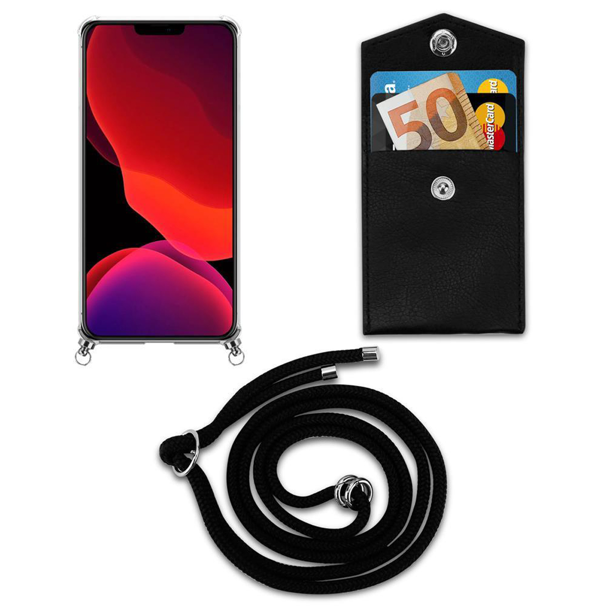 Telefono in custodia trasparente con cinturino, custodia nera con carte. Il cinturino è nero.