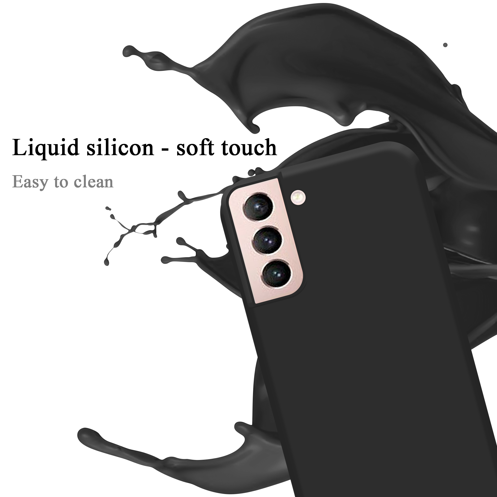 Primo piano di una custodia nera per telefono con tre fotocamere. Schizzo di liquido nero sullo sfondo.