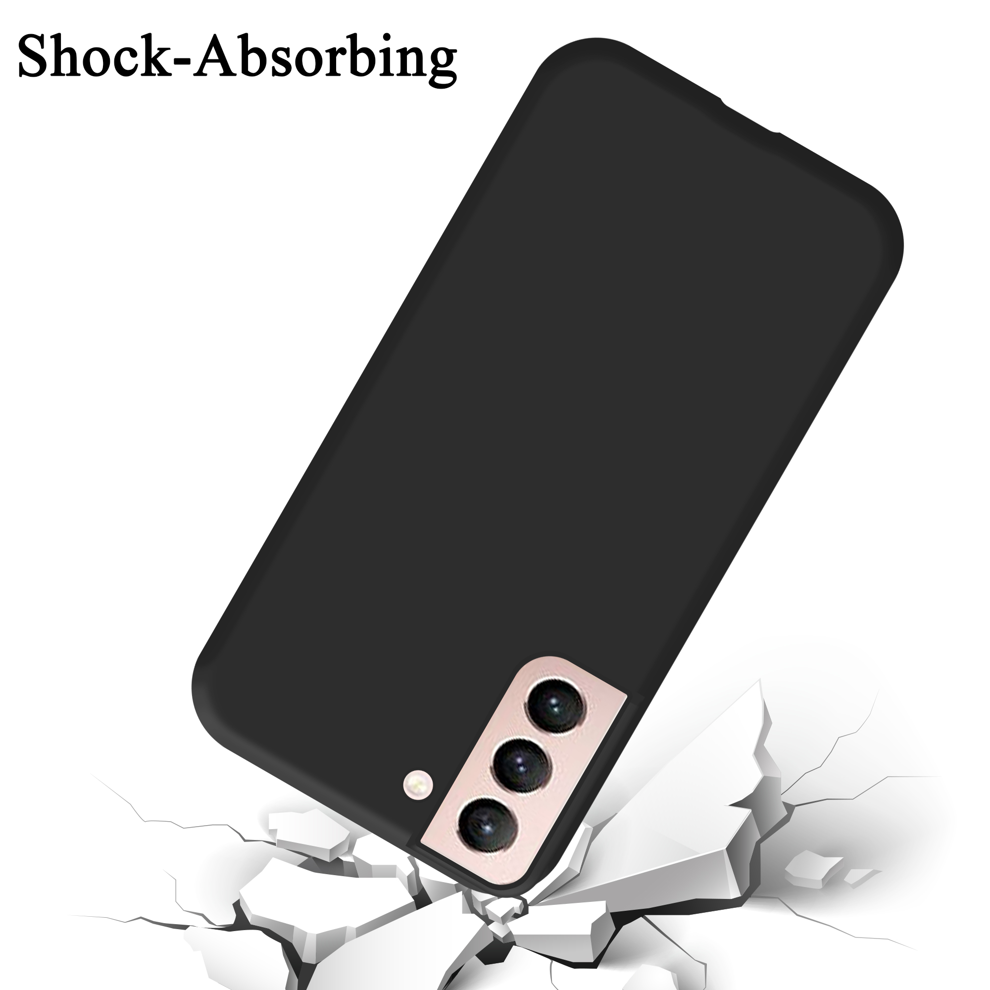 Una custodia nera per telefono cade su una superficie, rompendola. Il testo "Shock-Absorbing" è sopra.