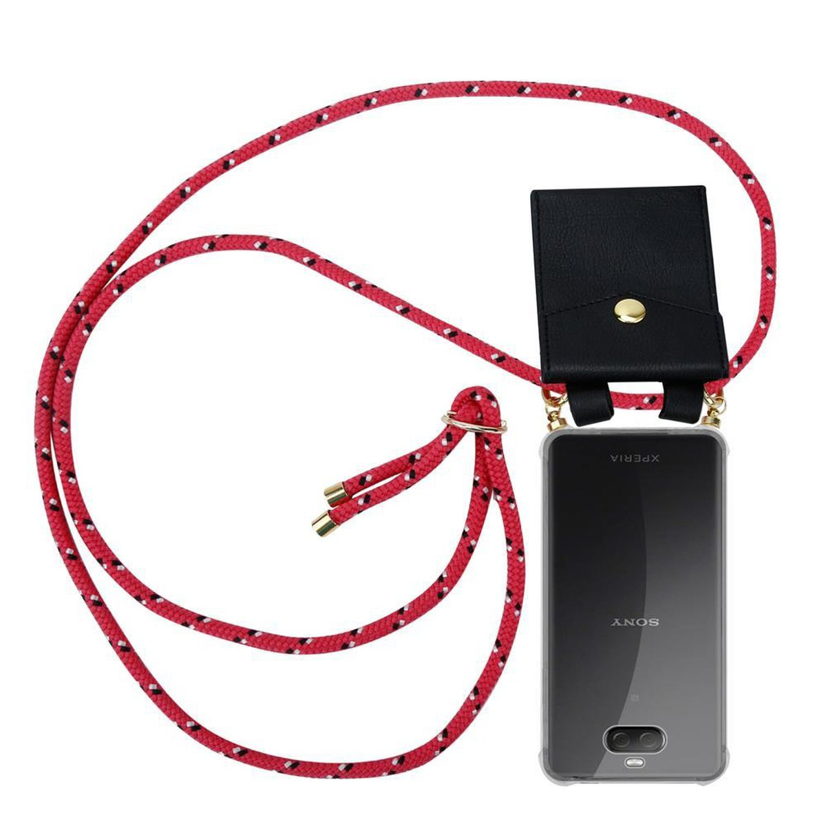 Telefon mit durchsichtiger Hülle und rot/weißem Nackengurt.