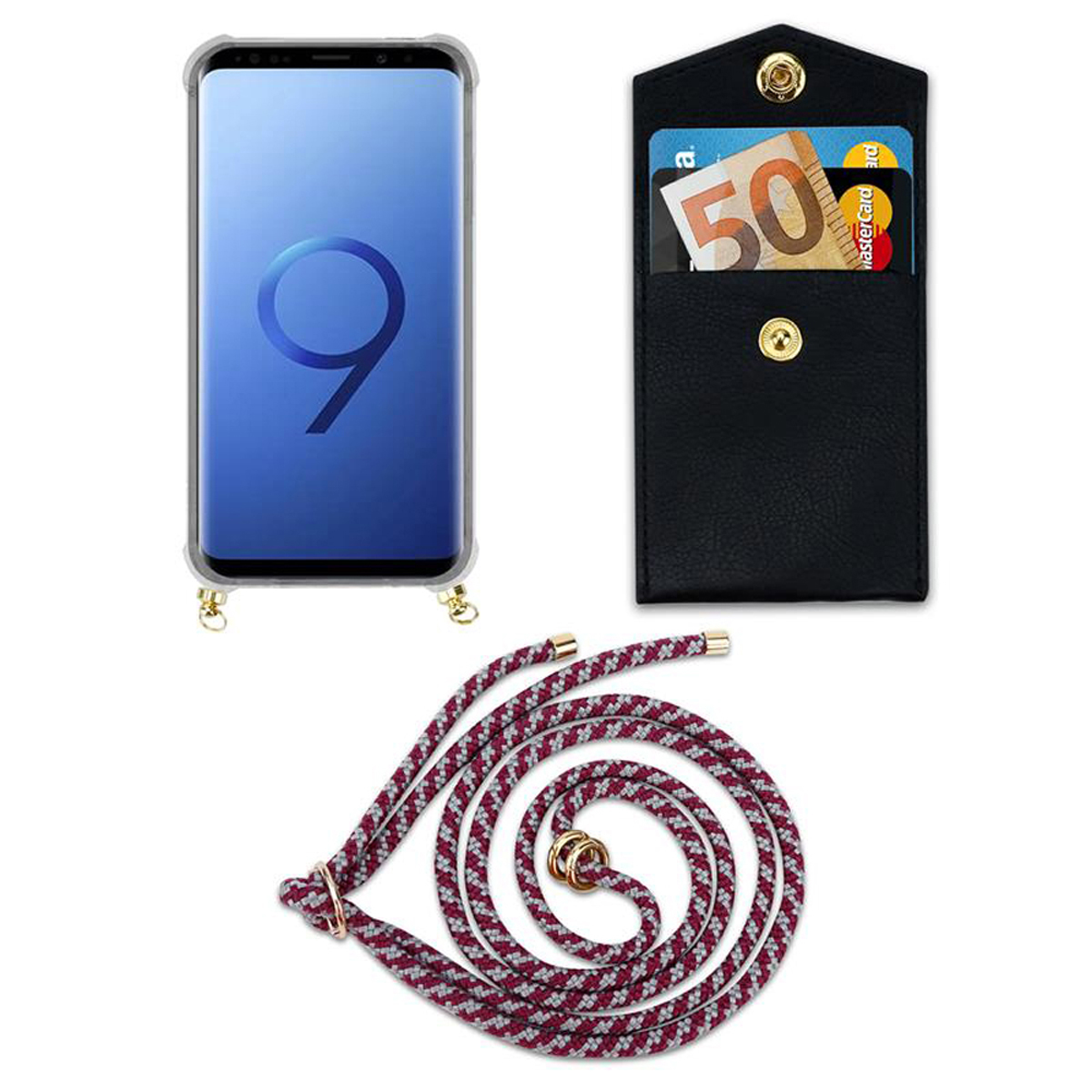Custodia per telefono con cinturino, con carte e contanti. Il cinturino è rosso e bianco.