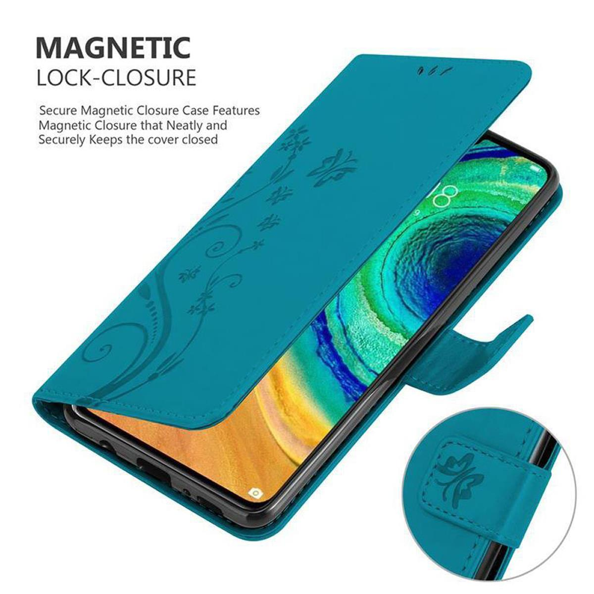 Custodia teal per telefono con design, telefono nero e chiusura magnetica.