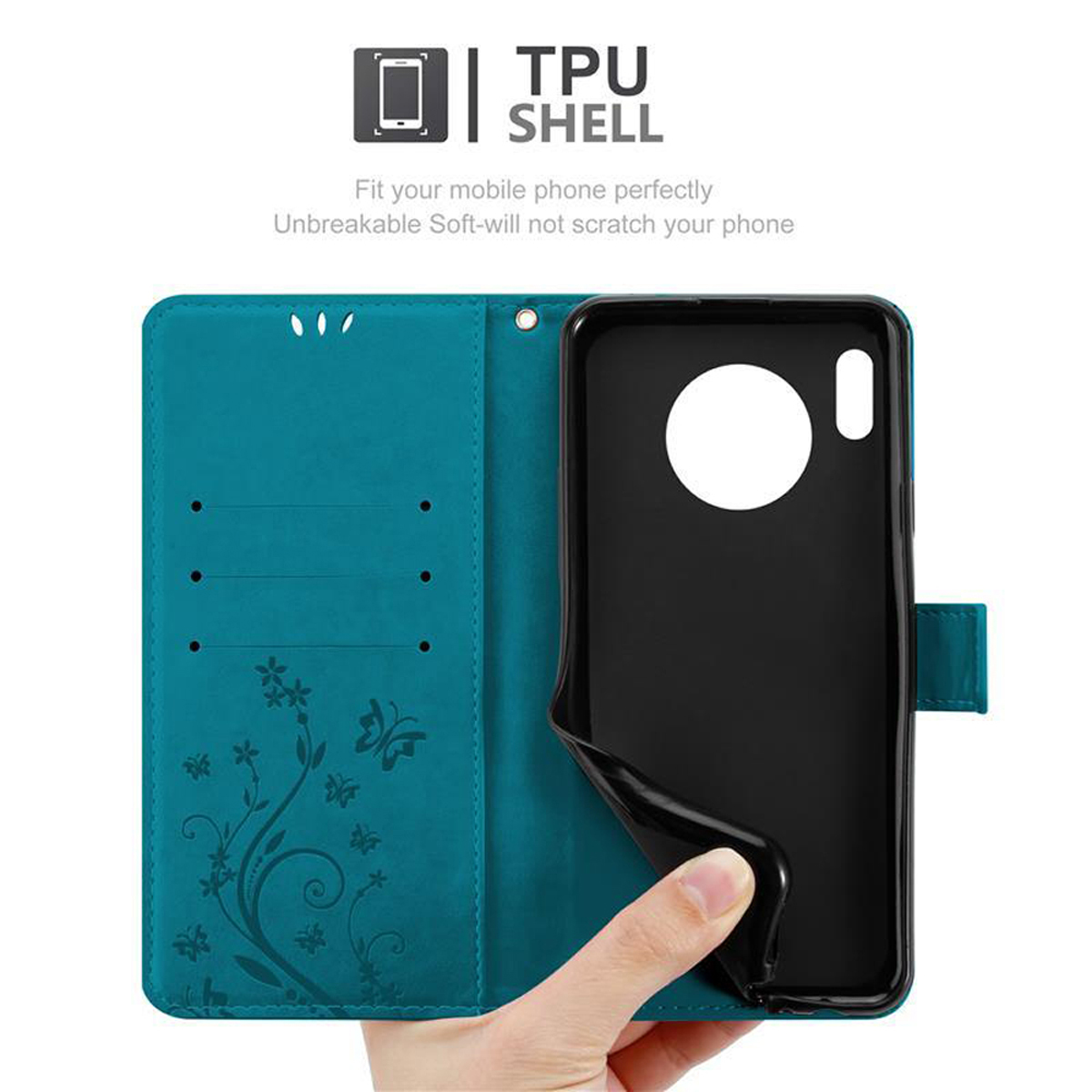 Una custodia per telefono turchese con un telefono nero all'interno, circondata da un design floreale. Guscio in TPU.