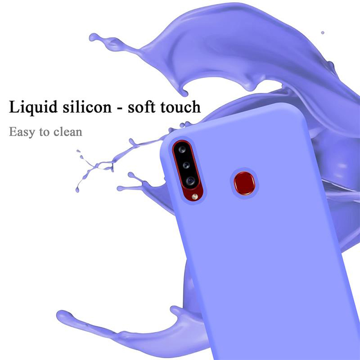 Una custodia per telefono viola con schizzi di liquido viola. Le parole Silicone liquido - tocco morbido e facile da pulire.