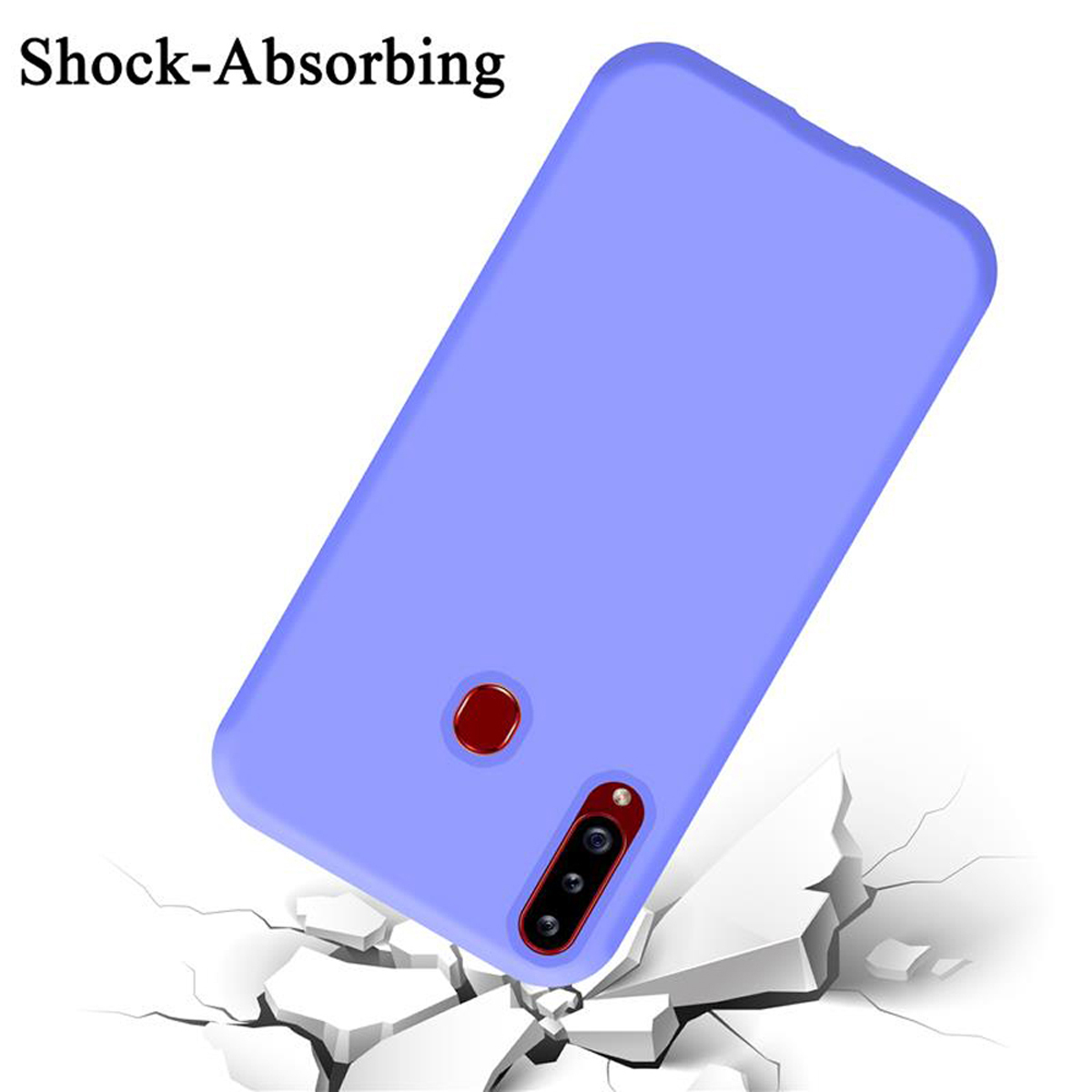 Una custodia viola per telefono cade, incrinando la superficie sottostante. La custodia ha un cerchio rosso.