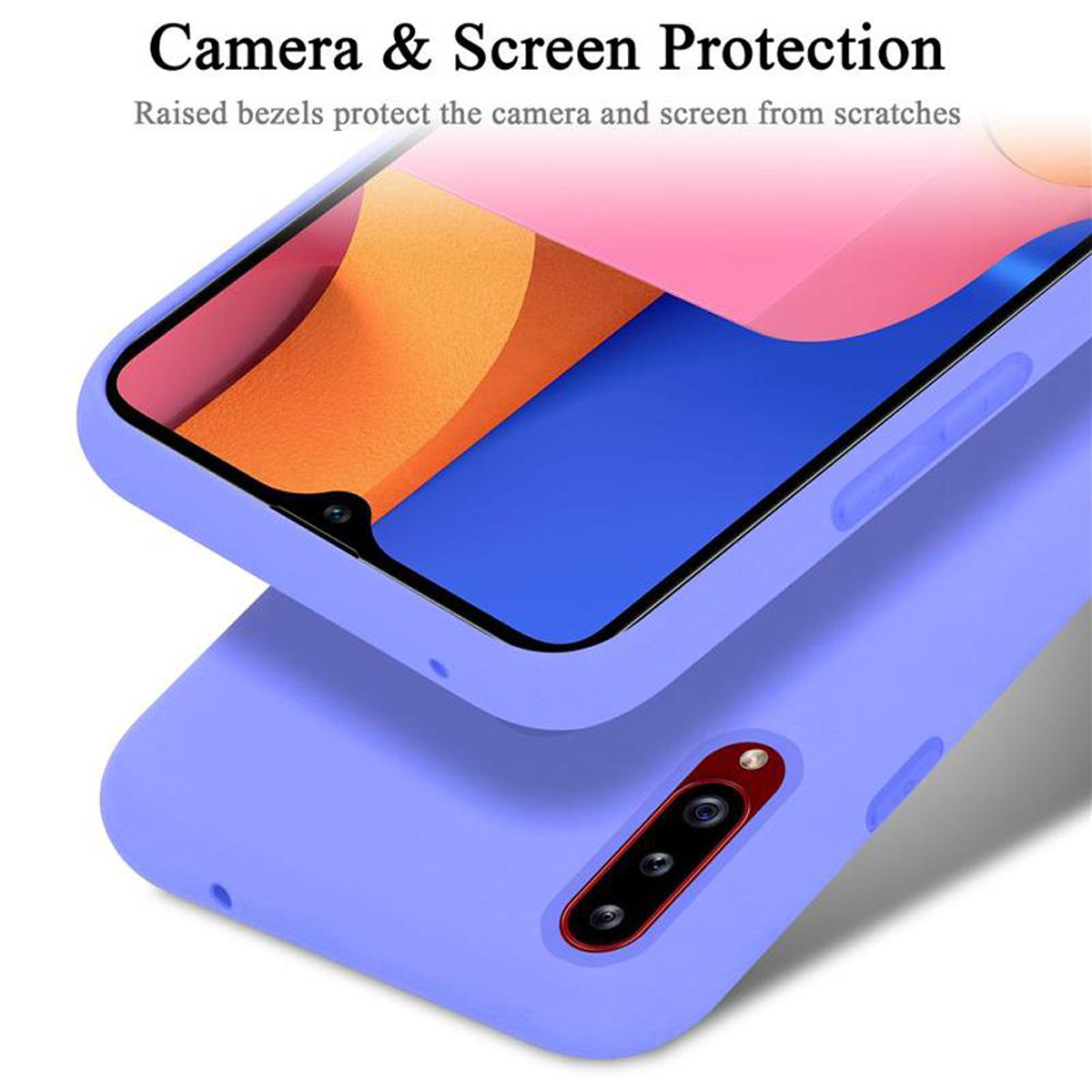 Custodia per telefono con bordi rialzati per la protezione della fotocamera e dello schermo. Custodia lilla su sfondo blu.