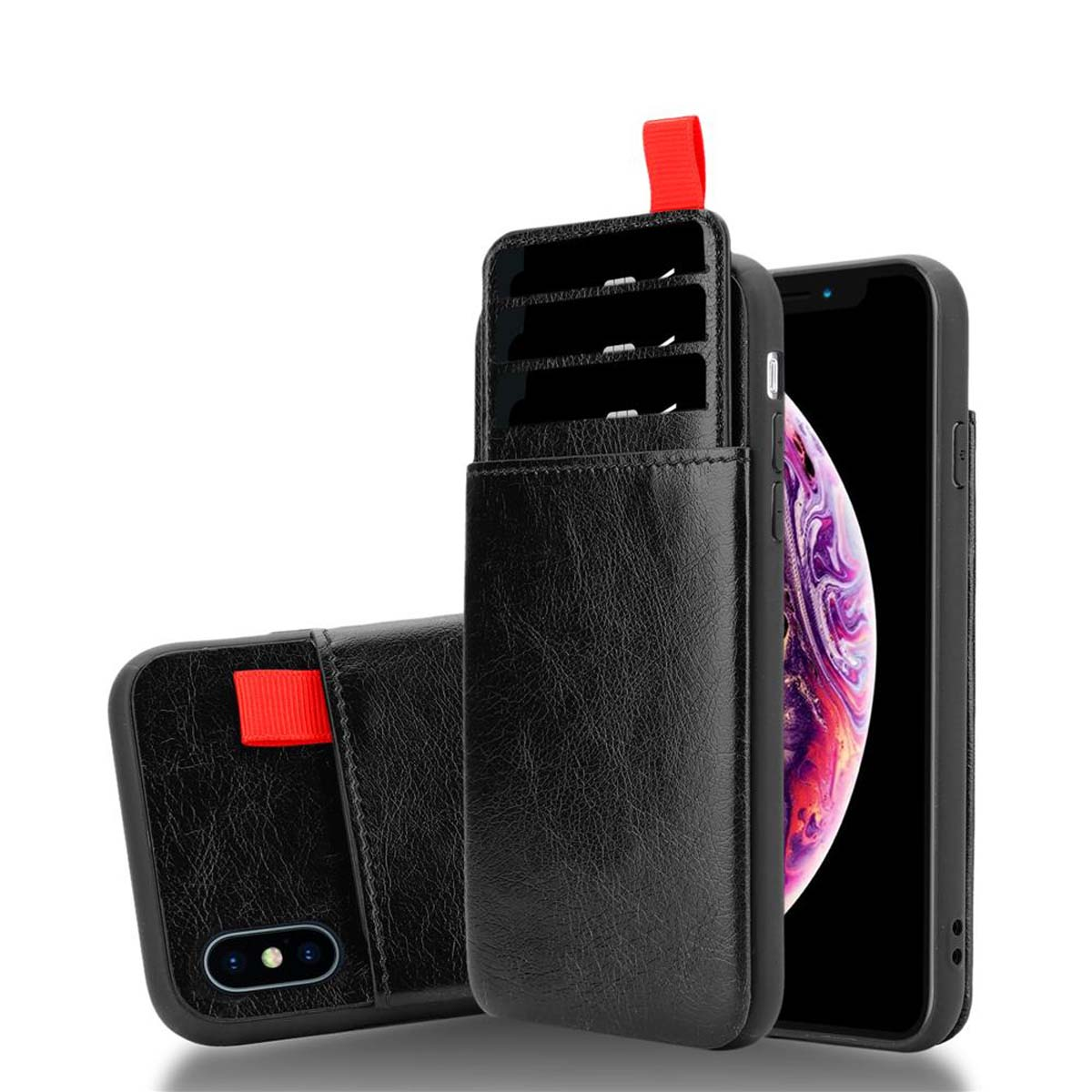 Custodia per telefono in pelle nera con scomparti per carte. Visibile un cinturino rosso. Un telefono dentro.
