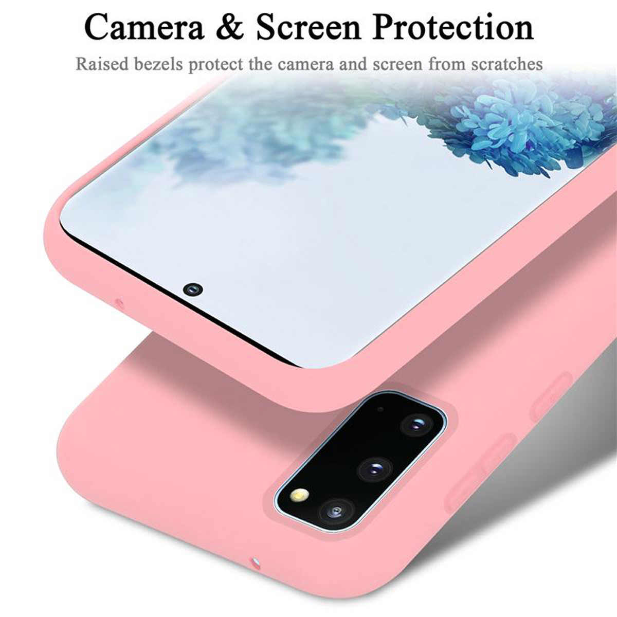 Custodia rosa con telefono. Bordi rialzati proteggono dai graffi.