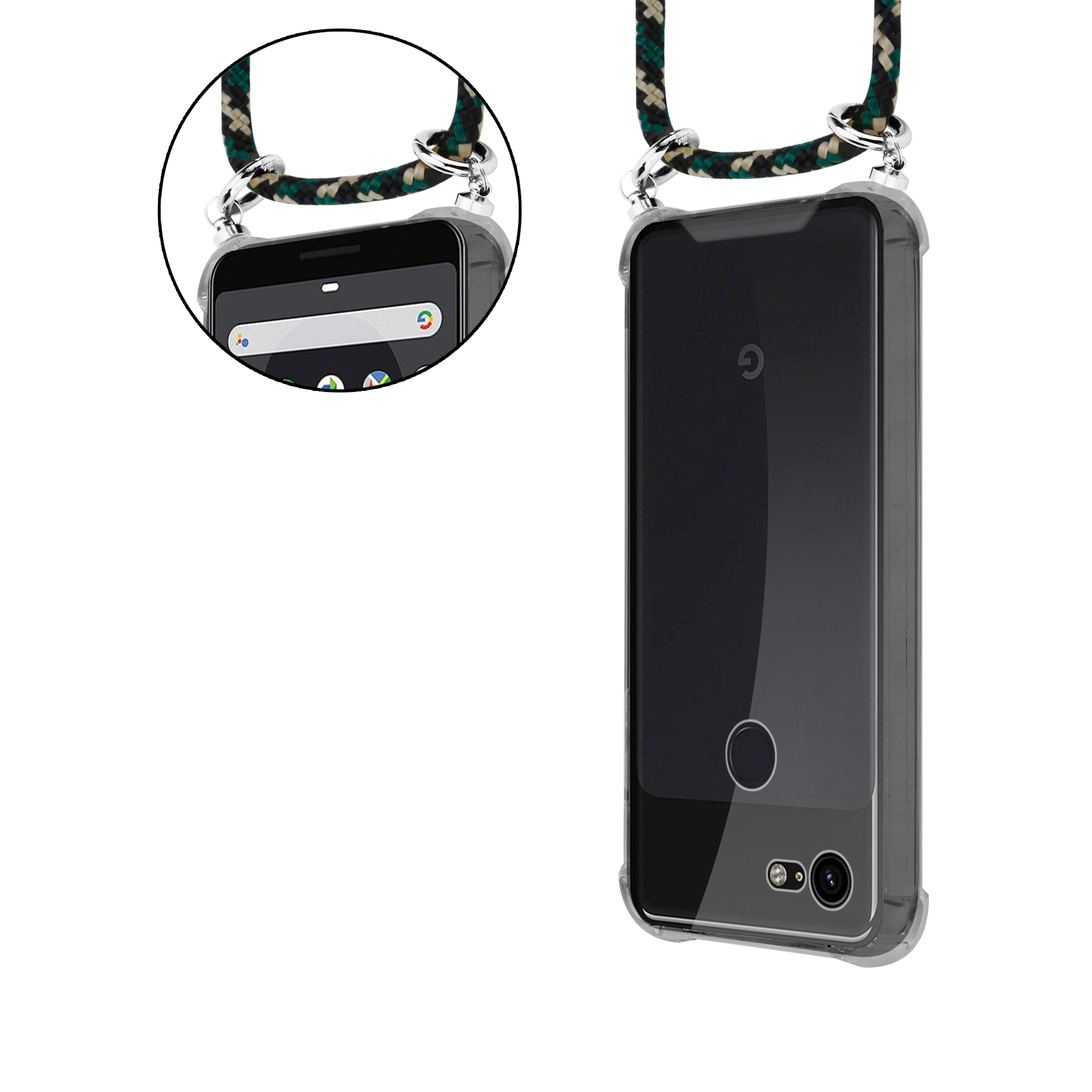 Handyhülle mit Riemen. Telefon ist darin. Grün-schwarzer Riemen mit goldenen Details.