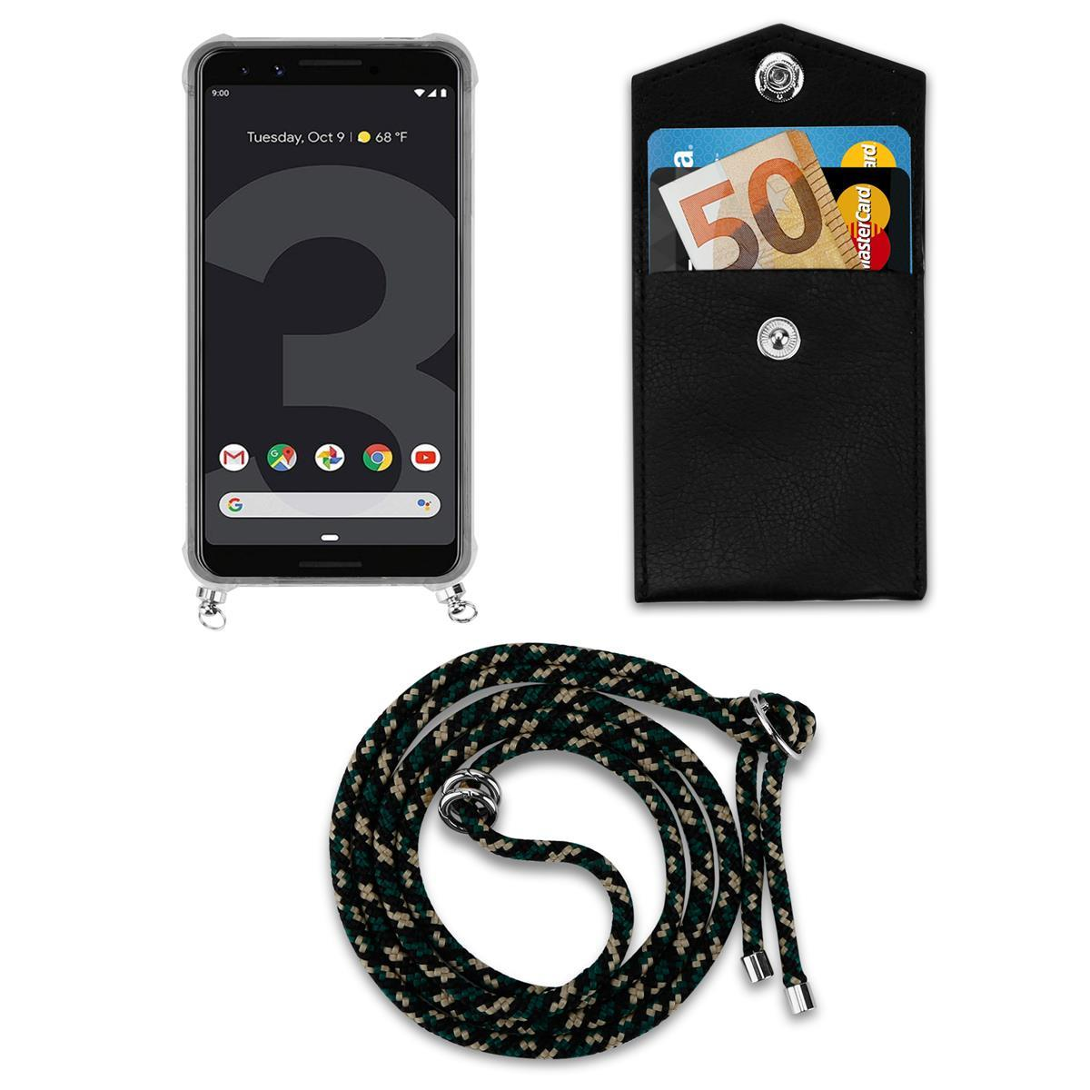 Ein Telefon mit Hülle und Lanyard. Die Hülle enthält Karten und Geld. Das Schlüsselband ist mehrfarbig.
