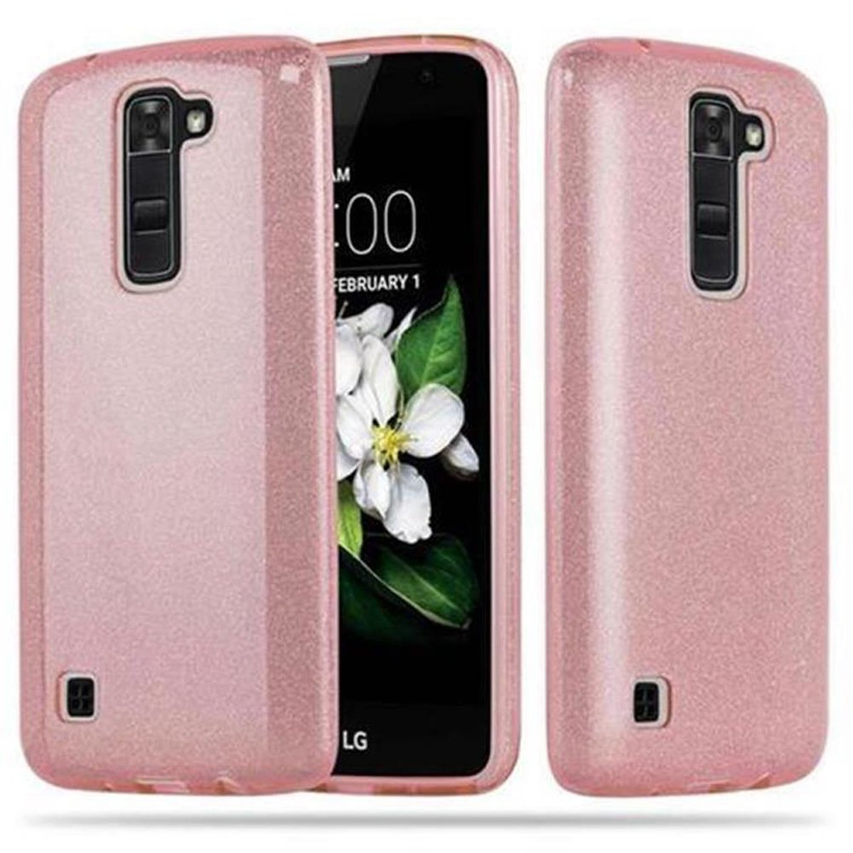 Una funda de teléfono rosa alrededor de un teléfono. La pantalla del teléfono es visible y muestra una fecha y una flor.