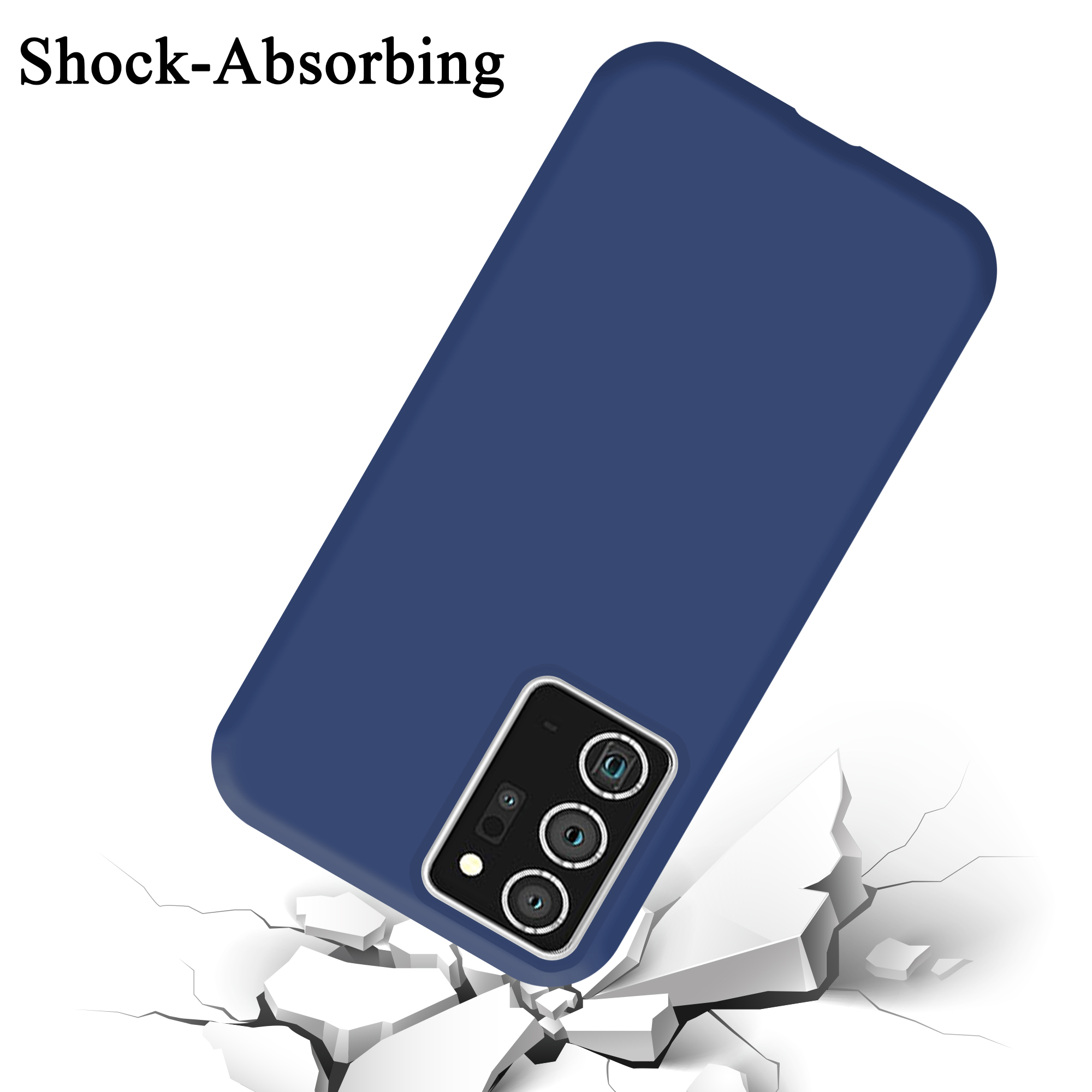 Una custodia blu con un telefono che cade, con una superficie incrinata sotto.