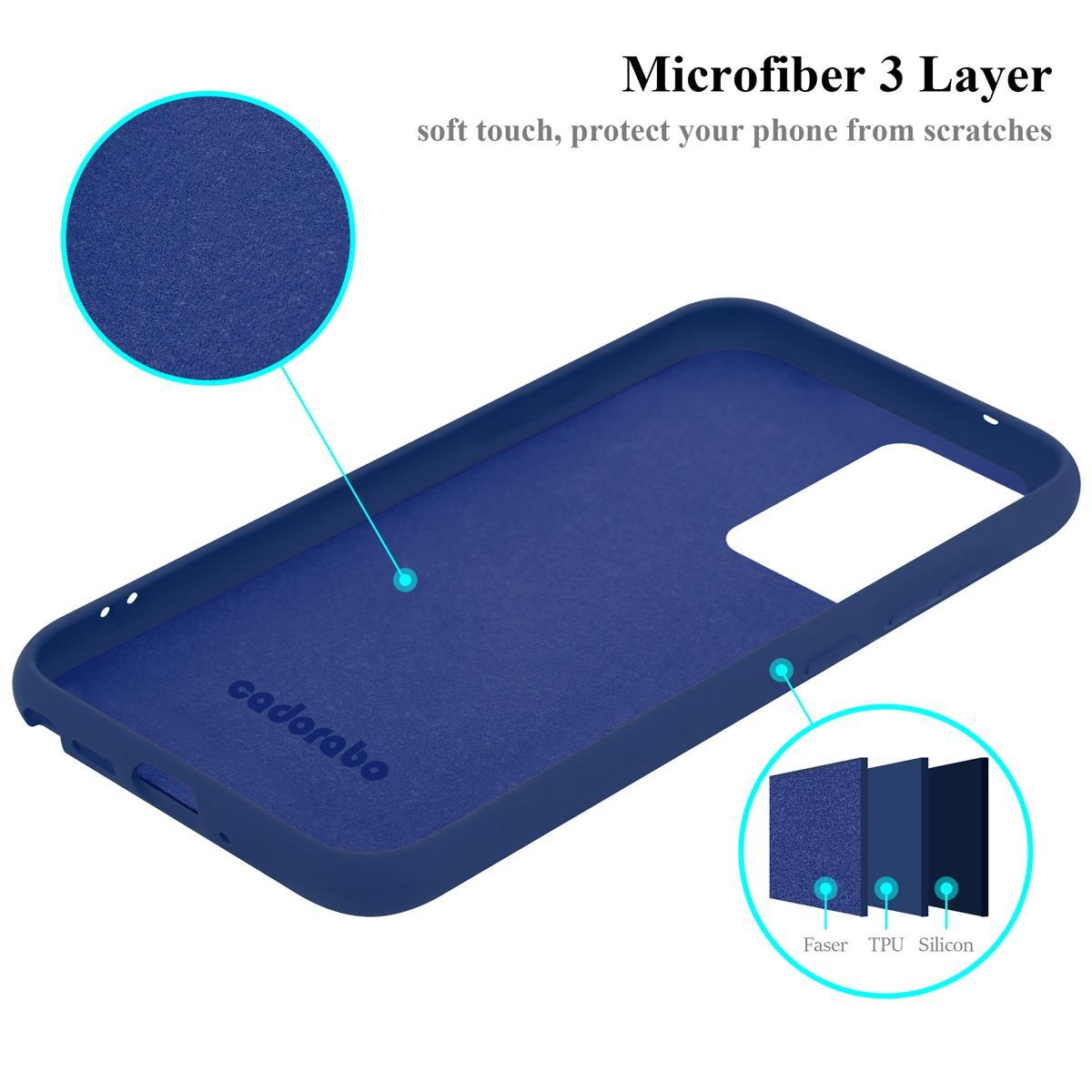 Interno della custodia blu per telefono. Testo: Microfibra a 3 strati. Primo piano degli strati. Sfondo: bianco.