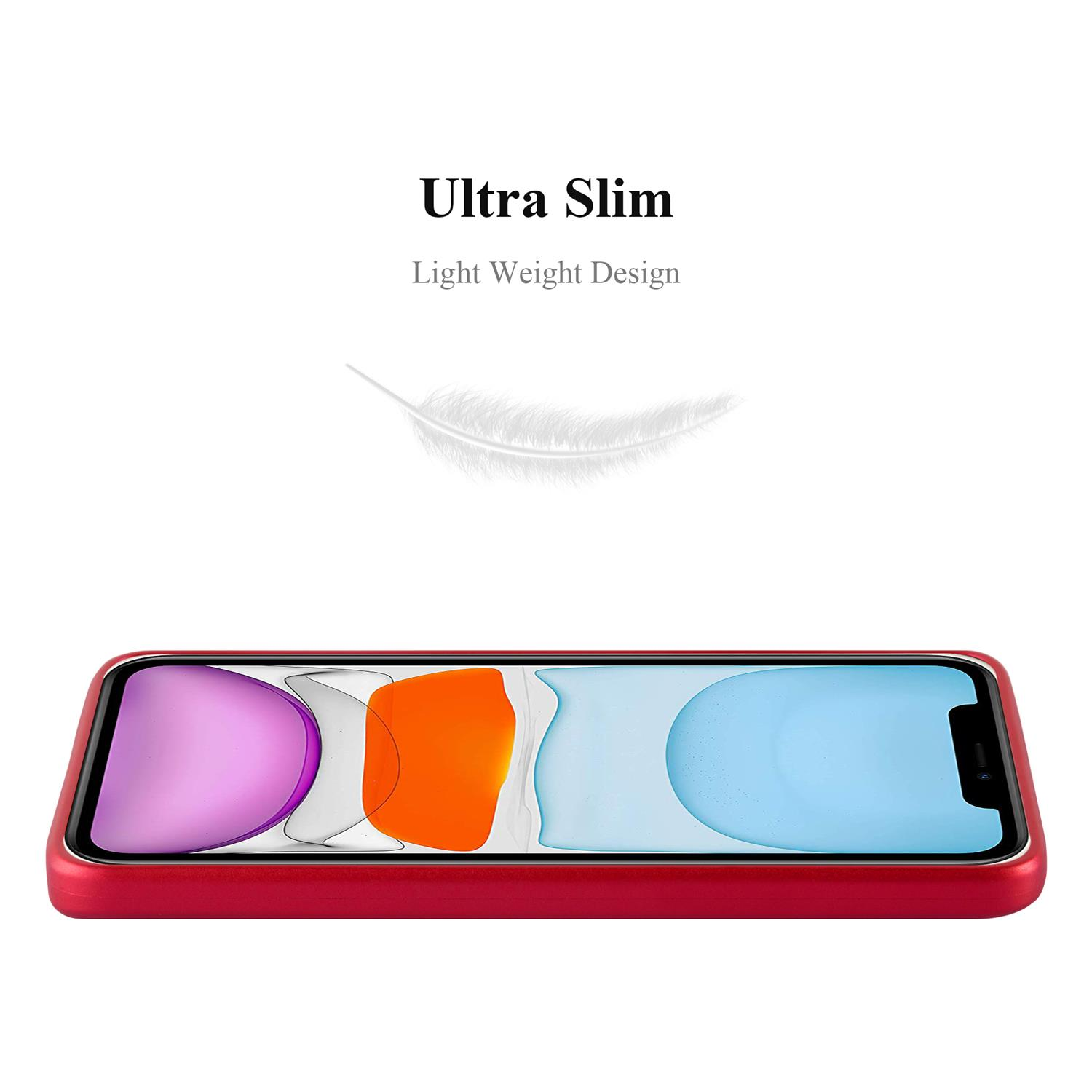 Rote Handyhülle mit Telefon, mit ultraflachem Design.