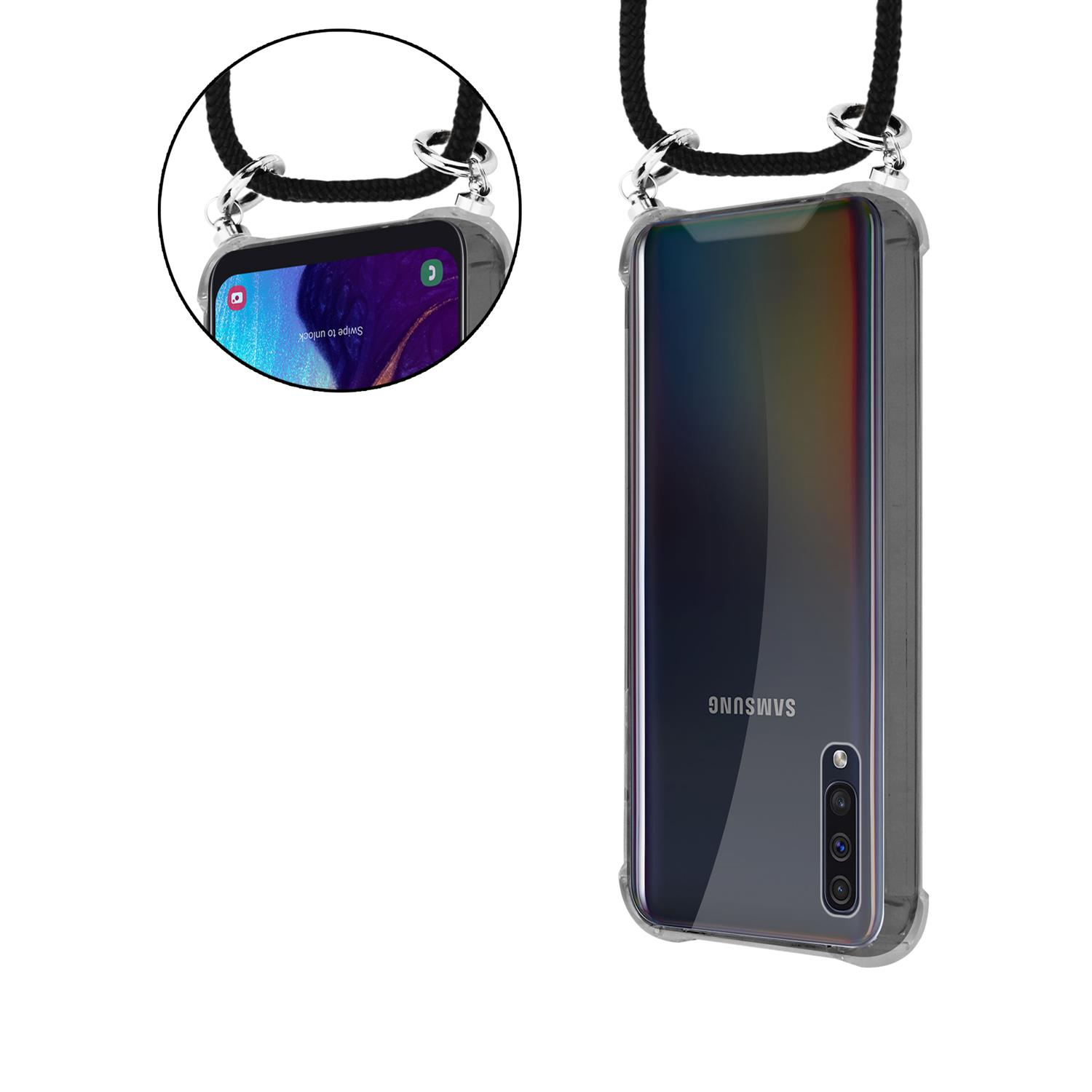 Ein Telefon in einer Hülle mit einem Lanyard. Das Telefon ist schwarz. Das Lanyard ist schwarz.