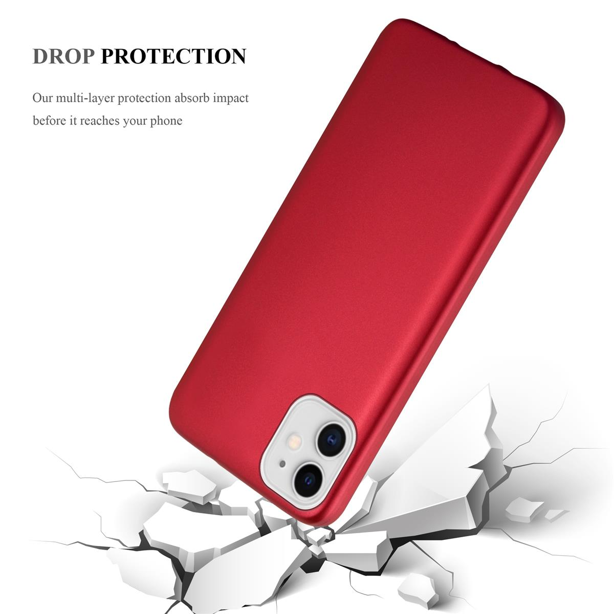 Rote Handyhülle mit einem Telefon, das auf eine zerbrochene Oberfläche fällt. Text „Drop Protection“ darüber.