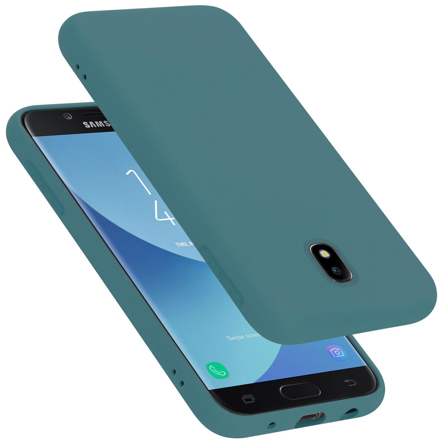 Custodia per telefono verde acqua con telefono all'interno, con cover abbinata.