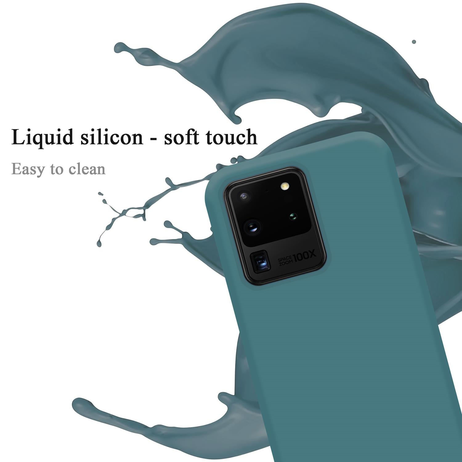 Eine tealfarbene Handyhülle mit Flüssigkeitsspritzer und den Worten "Liquid silicon - soft touch" und "Easy to clean".