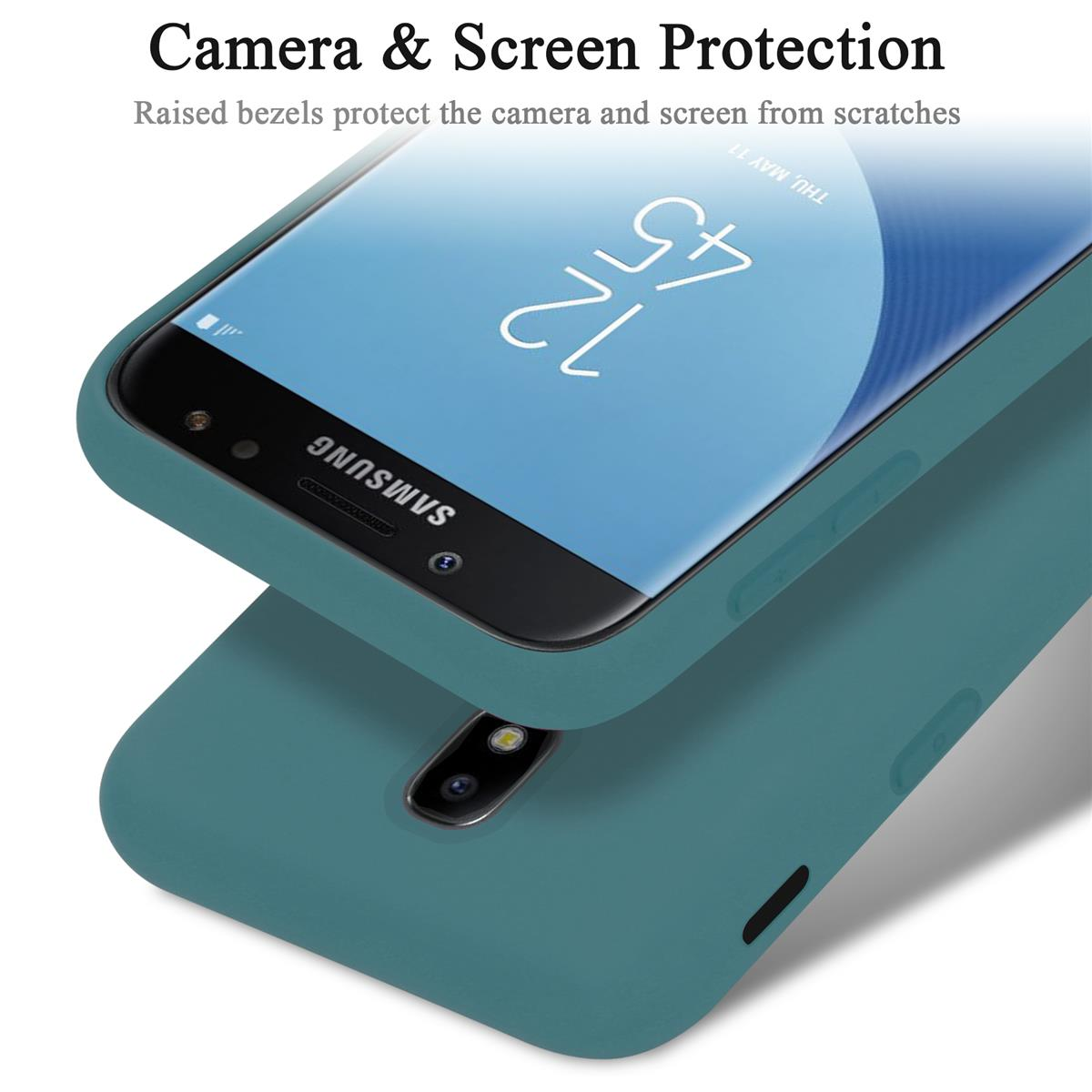 Una custodia per telefono verde acqua con un telefono all'interno, con lo schermo visibile.