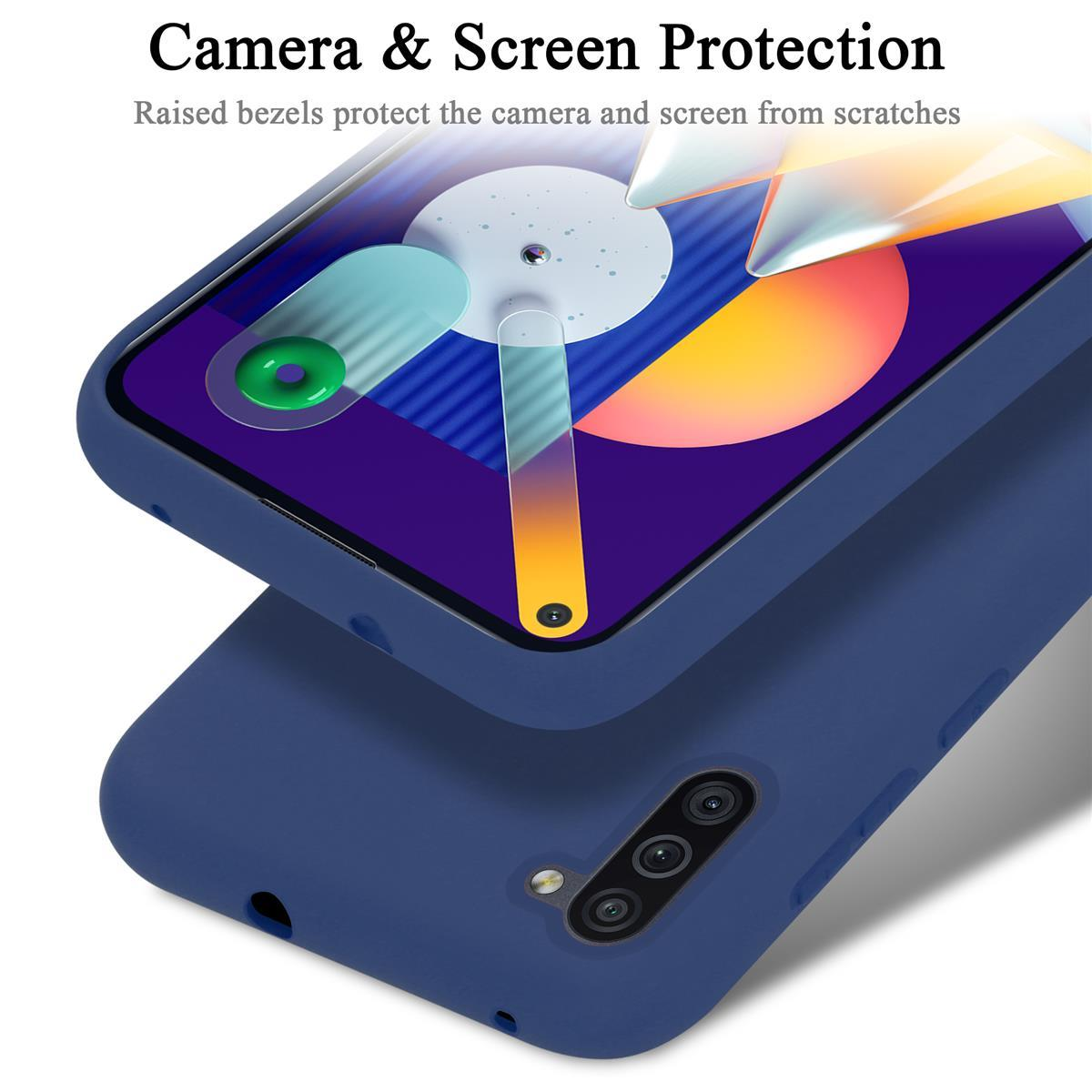 Custodia per telefono blu scuro con testo. Testo: Protezione fotocamera e schermo. Le cornici rialzate proteggono.