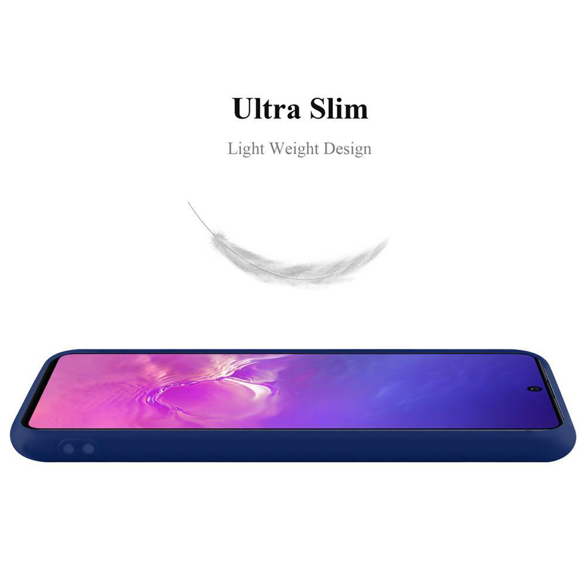 Una custodia blu con un telefono dentro, una piuma sopra e il testo 'Ultra Slim'.