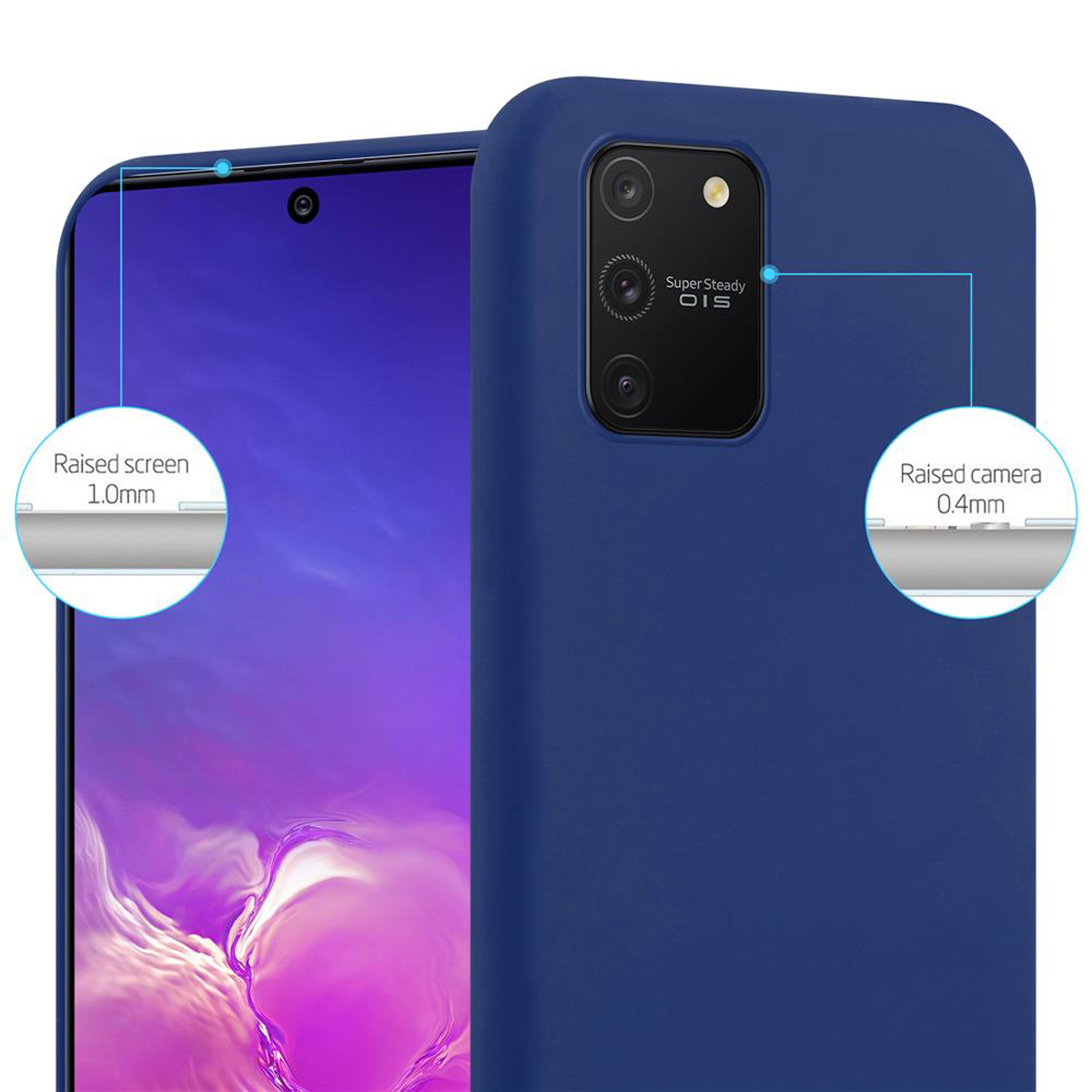 Custodia blu per telefono con schermo e fotocamera rialzati, con testo che indica le dimensioni. Sfondo bianco.