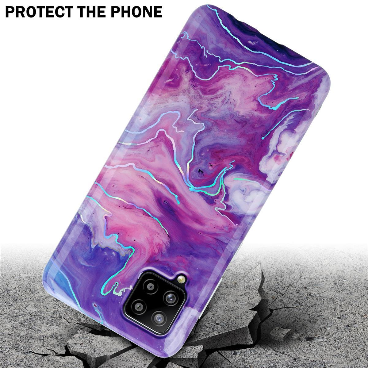 Custodia per telefono viola. La custodia viene mostrata con un telefono che cade su una superficie grigia crepata.