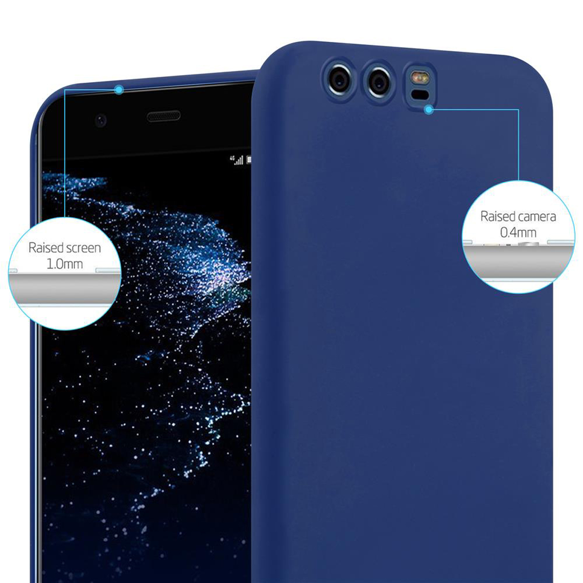 Una custodia per telefono blu scuro viene mostrata accanto a un telefono. La custodia copre la parte posteriore e l'area della fotocamera del telefono.
