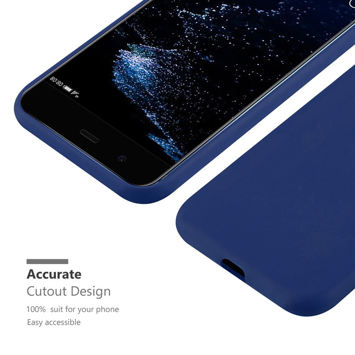 Custodia per telefono blu. Il telefono è nella custodia. La scena mostra un telefono con schermata iniziale.
